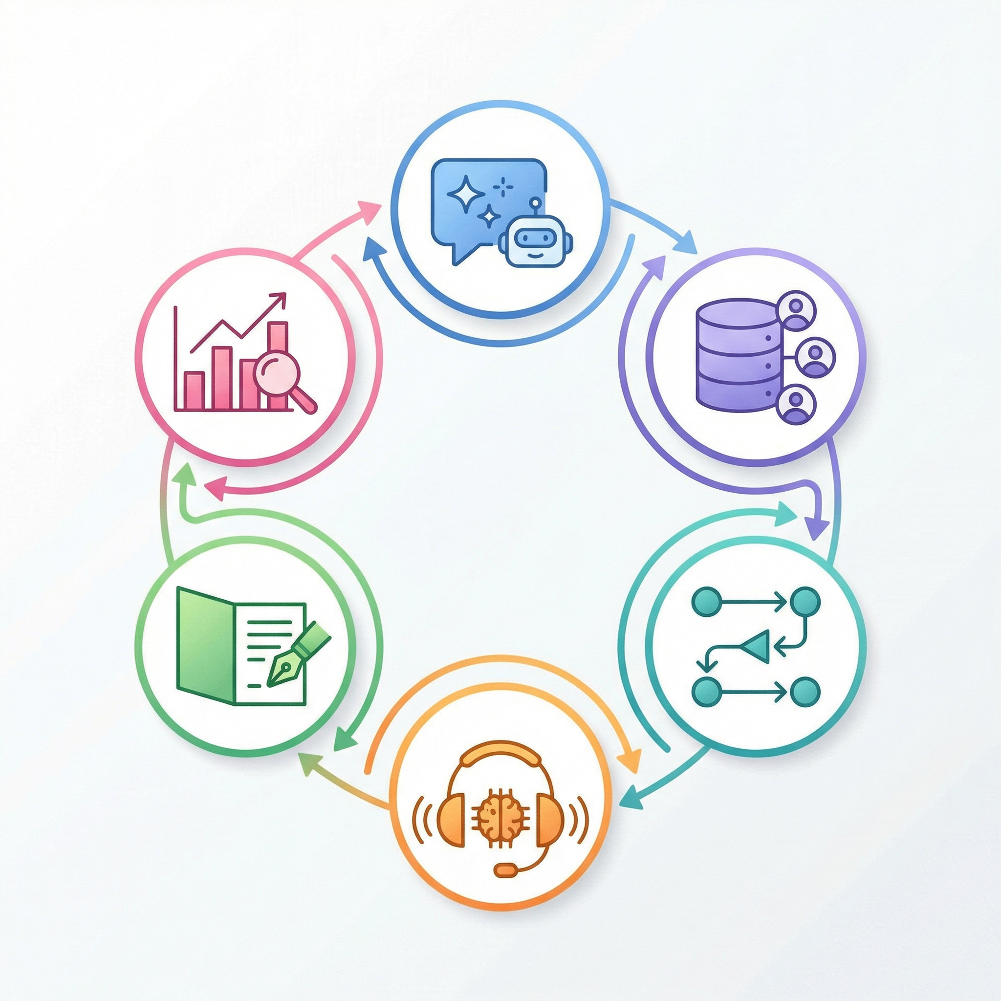 A graphic showing six interconnected AI tool icons in a circle. A graphic showing six interconnected AI tool icons in a circle.