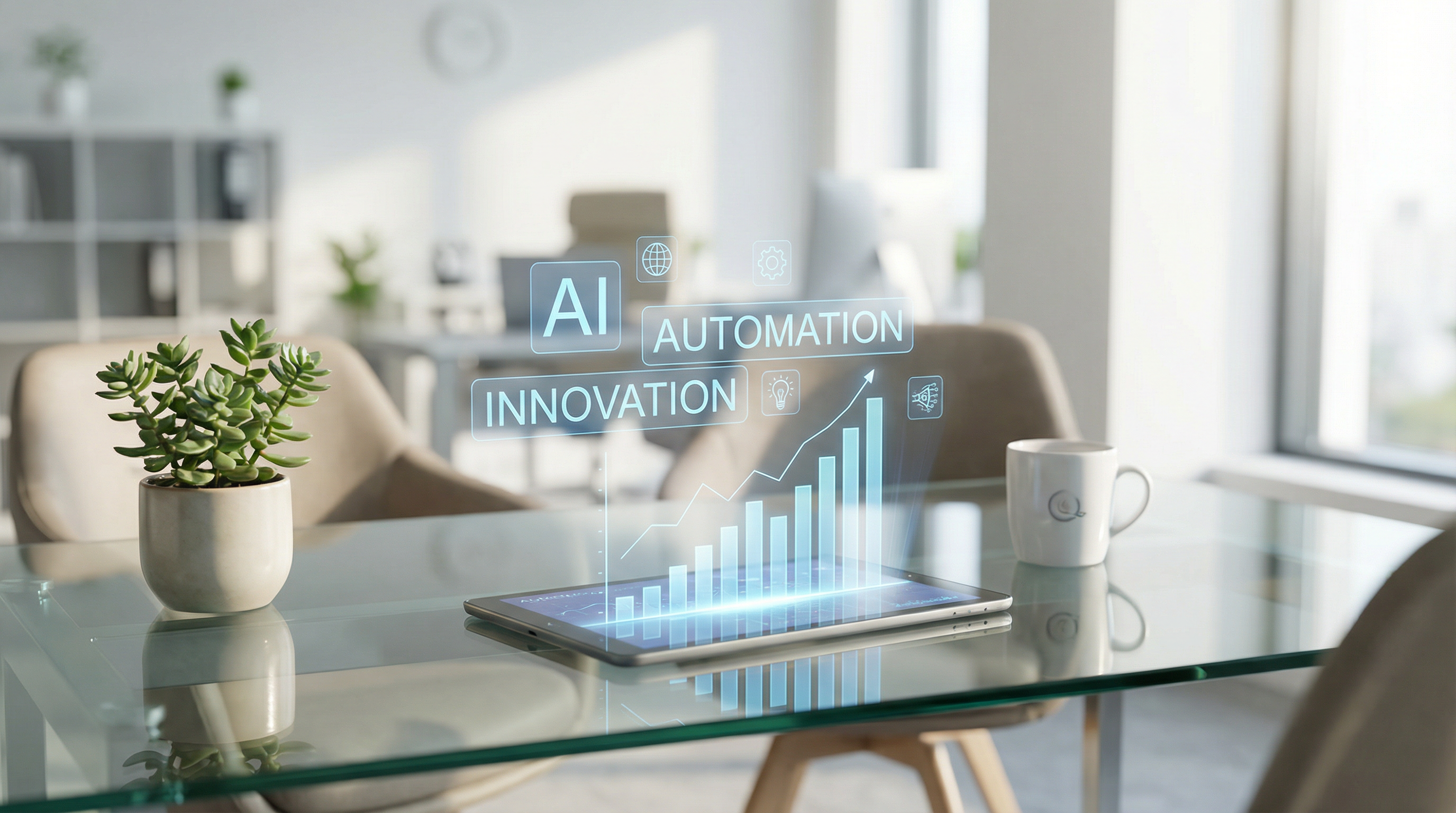 A tablet on a desk displaying a holographic upward-trending graph with AI and automation keywords. A tablet on a desk displaying a holographic upward-trending graph with AI and automation keywords.