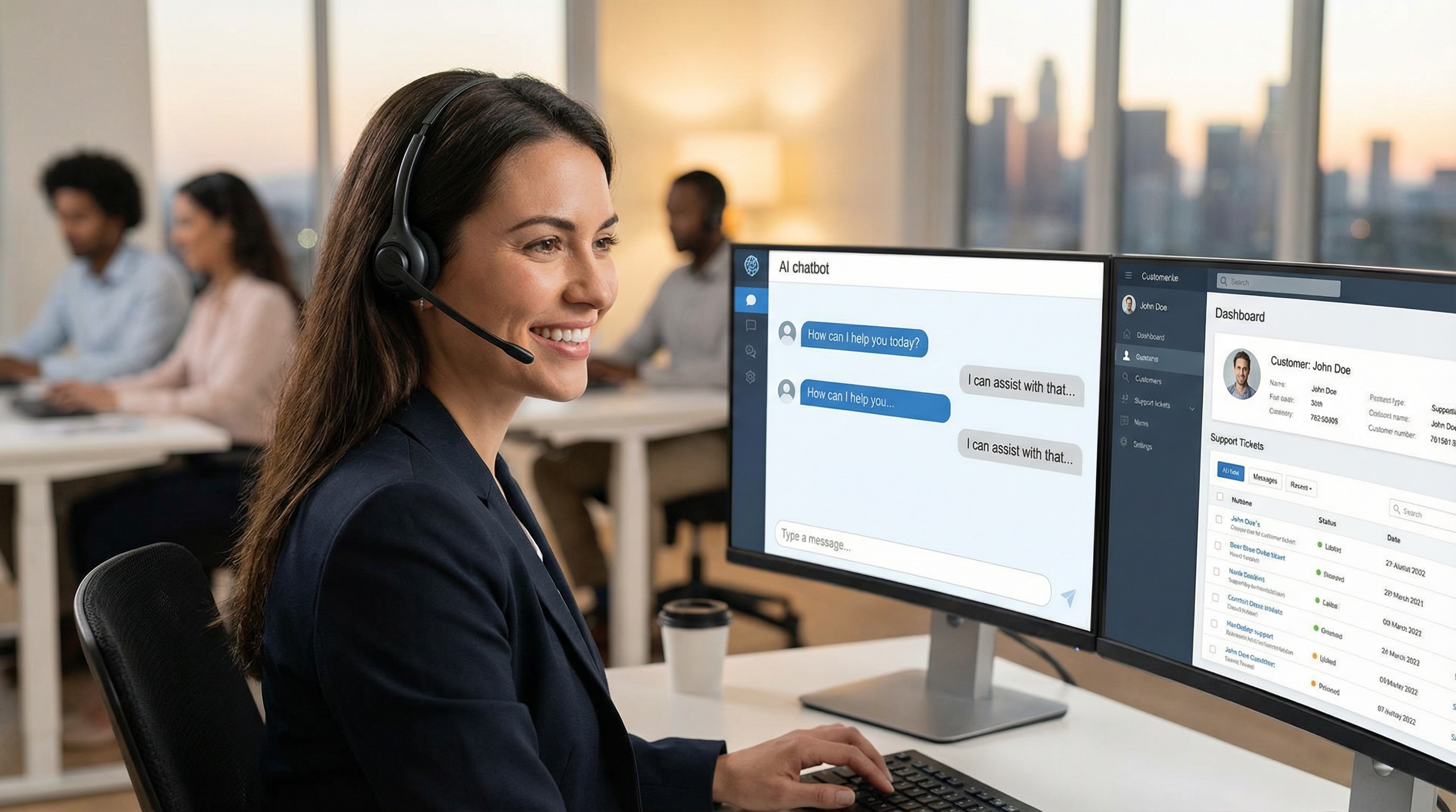 A friendly customer service representative using an AI chatbot interface on her computer. A friendly customer service representative using an AI chatbot interface on her computer.