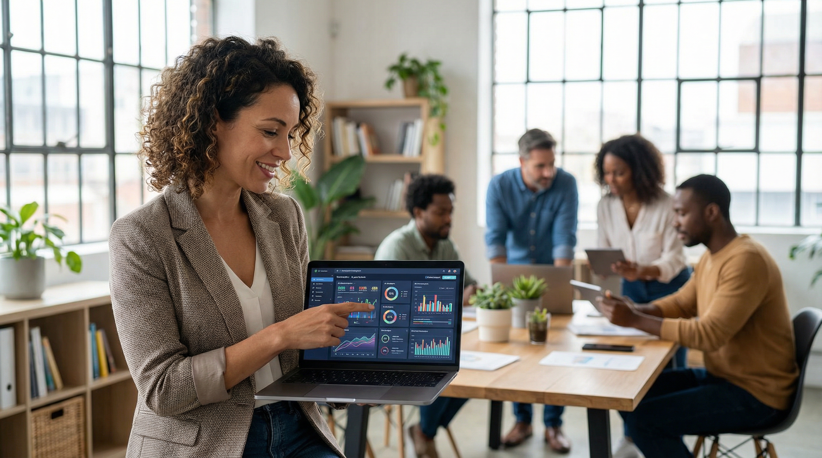 A diverse team of professionals in a modern office, looking at AI analytics dashboards on a laptop. A diverse team of professionals in a modern office, looking at AI analytics dashboards on a laptop.