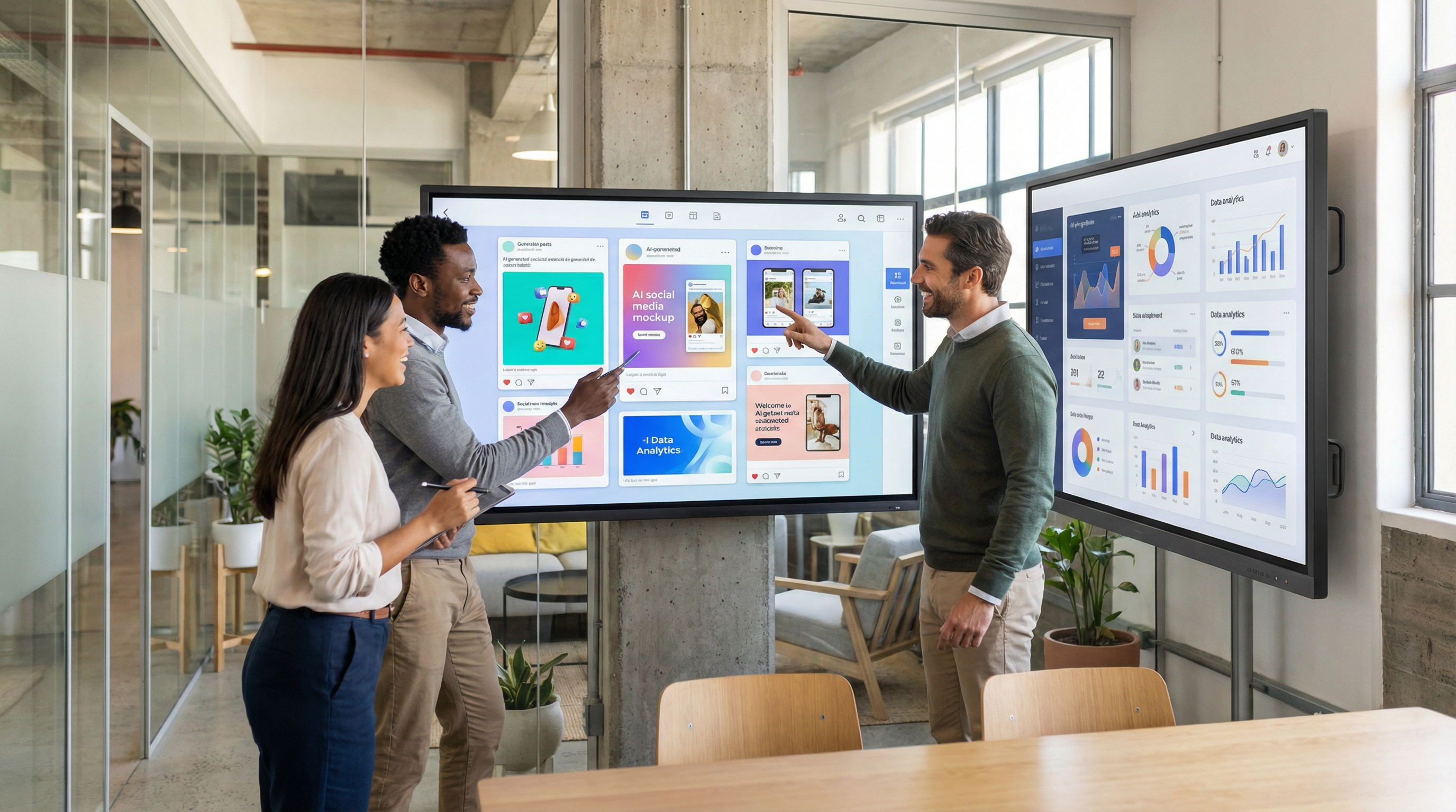 A team of professionals collaborating around a large touchscreen displaying AI-generated marketing content. A team of professionals collaborating around a large touchscreen displaying AI-generated marketing content.
