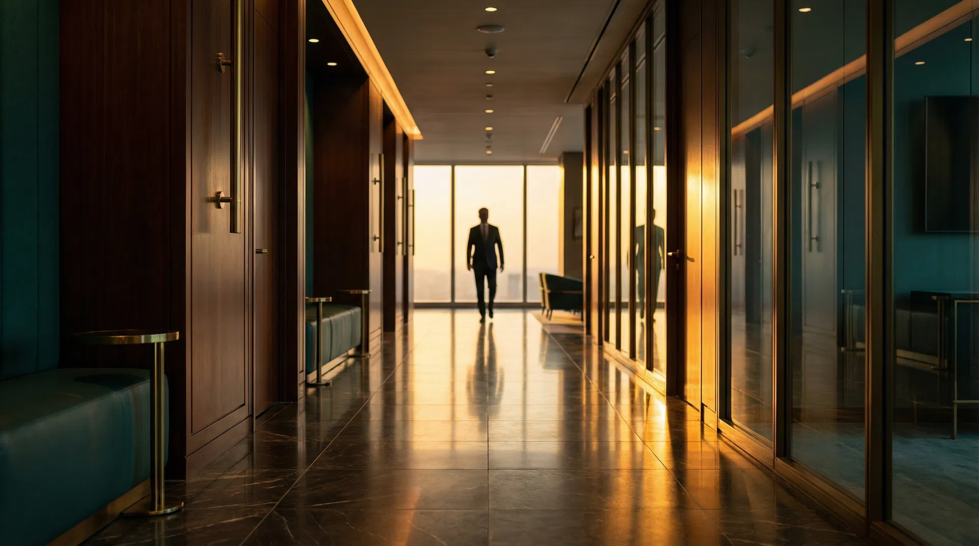 Corredor de escritório premium com silhueta profissional