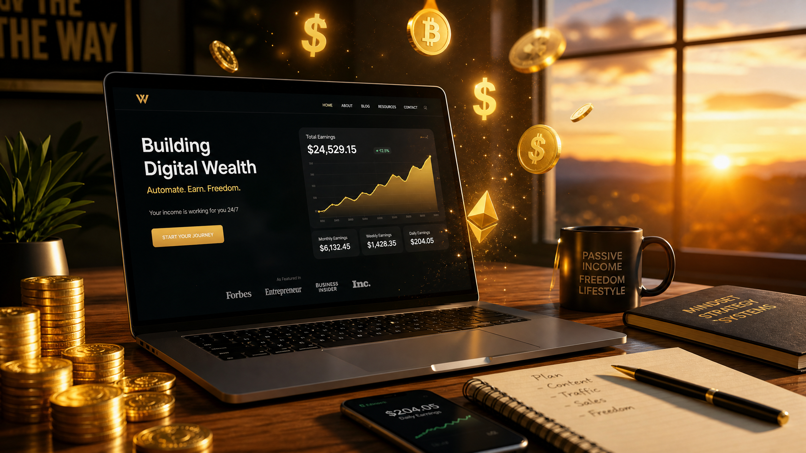 How to Monetize a Website A conceptual 3D render representing digital passive income. A sleek laptop on a wooden desk with gold coins and digital currency symbols floating around it, symbolizing wealth generation from a website. The atmosphere is successful and inspiring, with warm sunset light coming through a window. High detail, cinematic lighting.