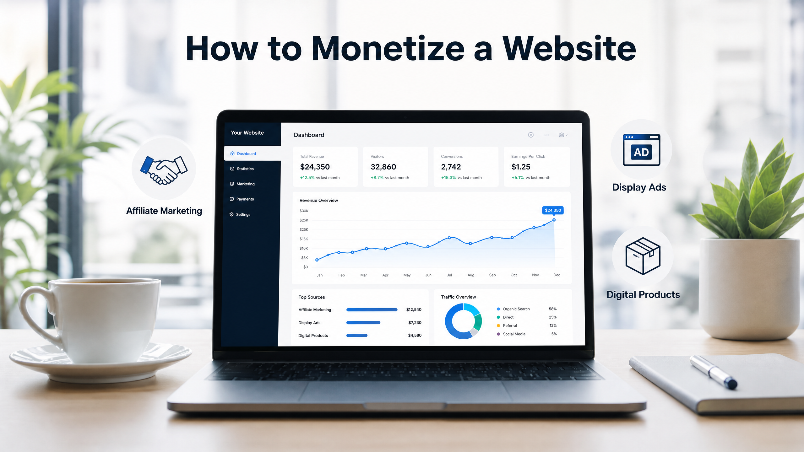 How to Monetize a Website A professional and modern hero image for a blog post titled