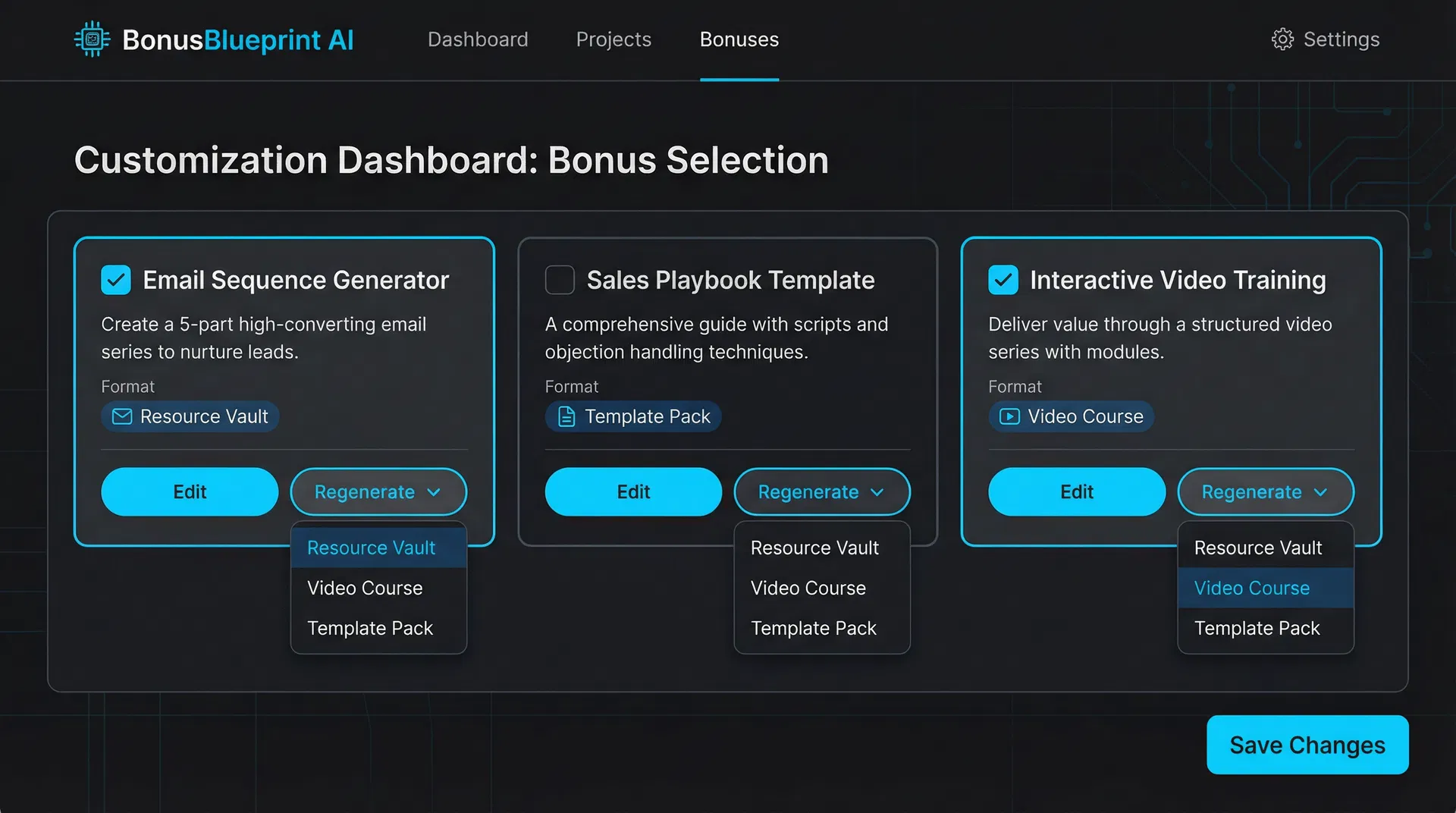 Bonus customization interface with selection and regeneration options