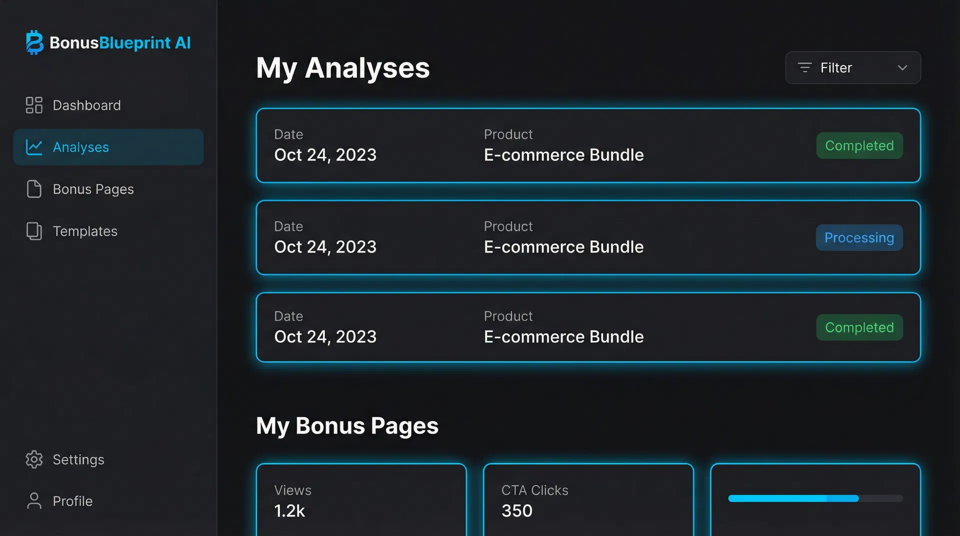 User dashboard showing analyses and bonus page statistics