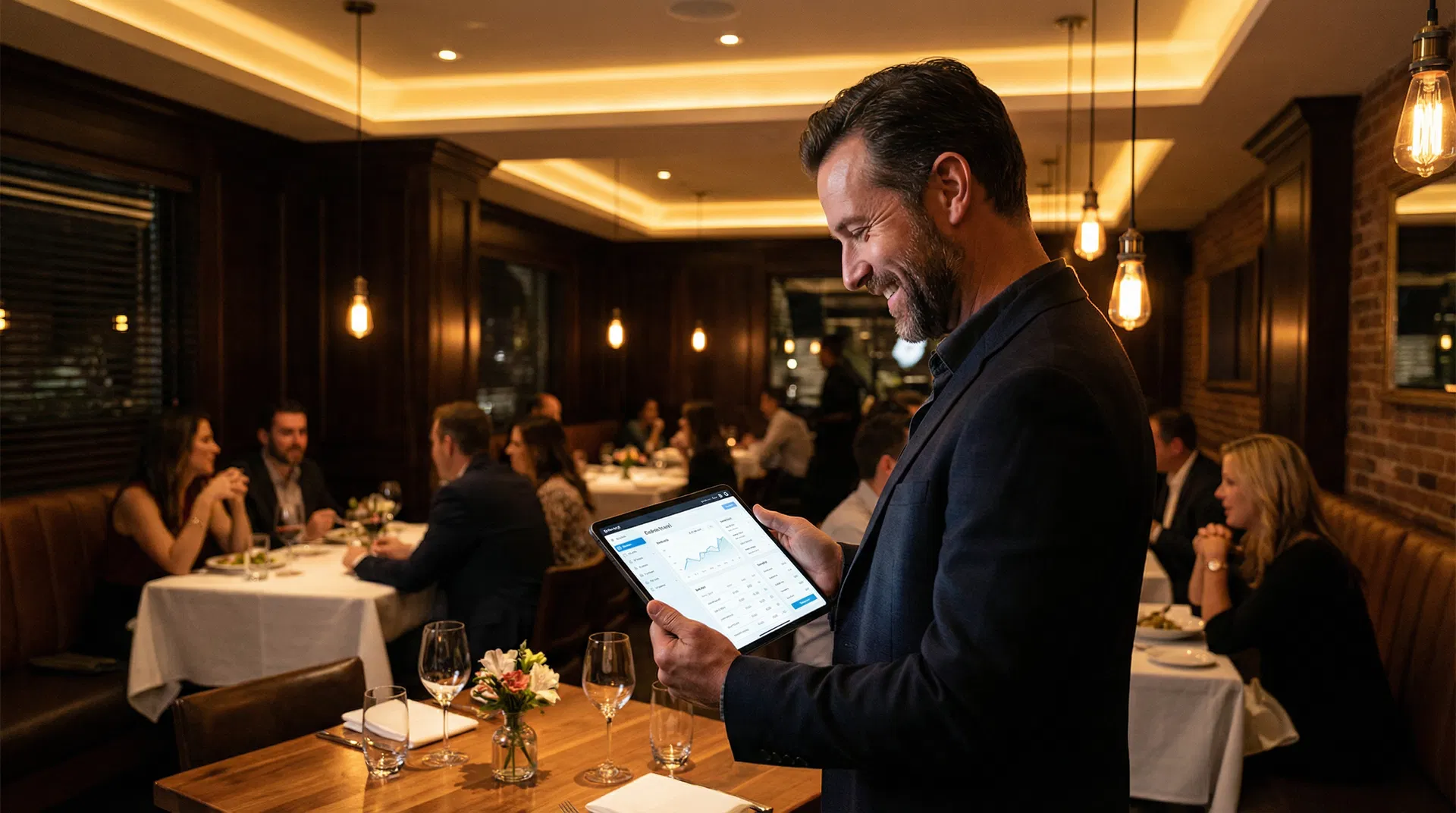 Restaurant manager reviewing online orders on tablet in upscale dining room