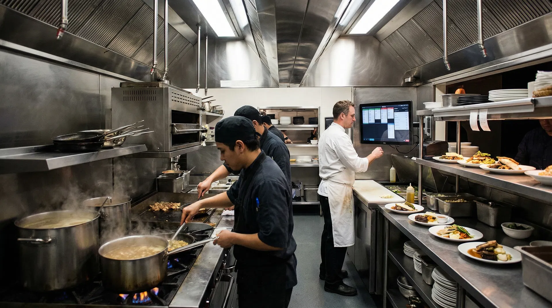 Professional kitchen staff managing digital orders