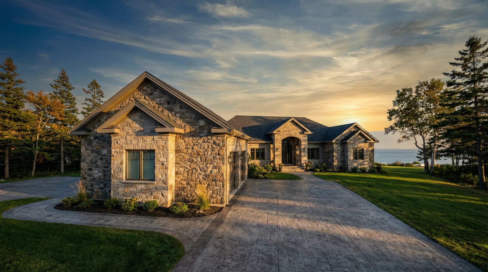 Beautiful stone masonry home with stamped concrete driveway