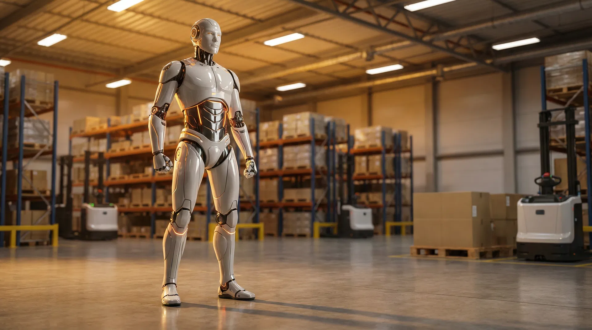 Humanoider Roboter steht in einer modernen Lager- und Logistikumgebung – Dögel Humanoide Robotik für den Mittelstand