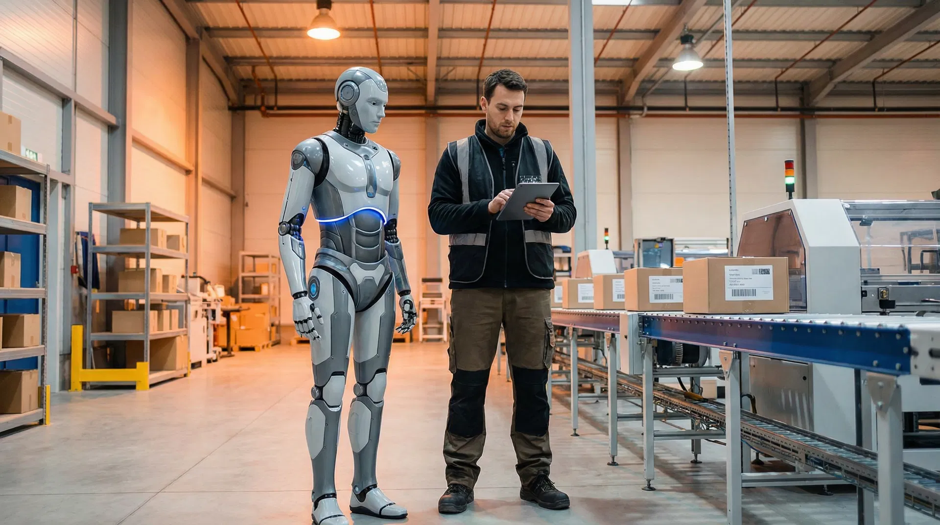 Mensch und humanoider Roboter arbeiten Seite an Seite in einer Industrieumgebung – Kollaboration als Zukunftsmodell