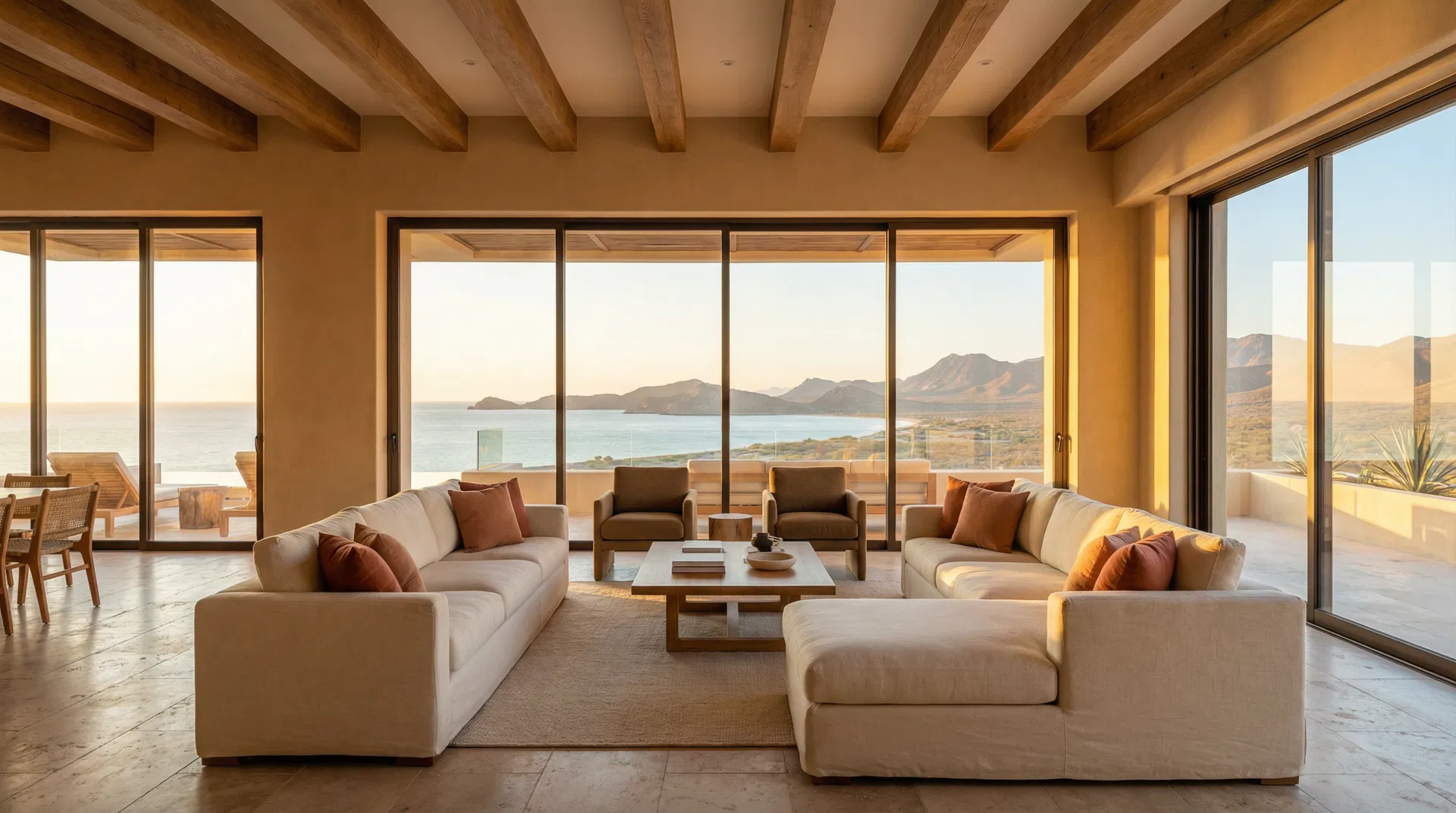 Remodelación de interiores de lujo en La Paz BCS — sala con vista al Mar de Cortés por Remodelaciones Profesionales