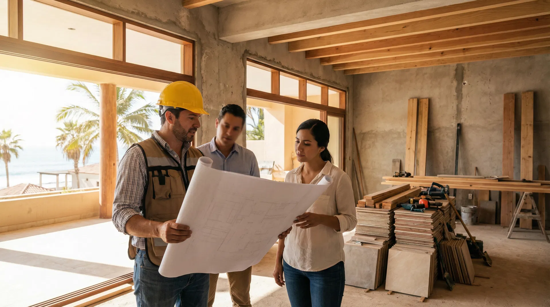 Arquitecto Fernando Díaz Flores y equipo de Remodelaciones Profesionales revisando planos de proyecto de remodelación en La Paz BCS