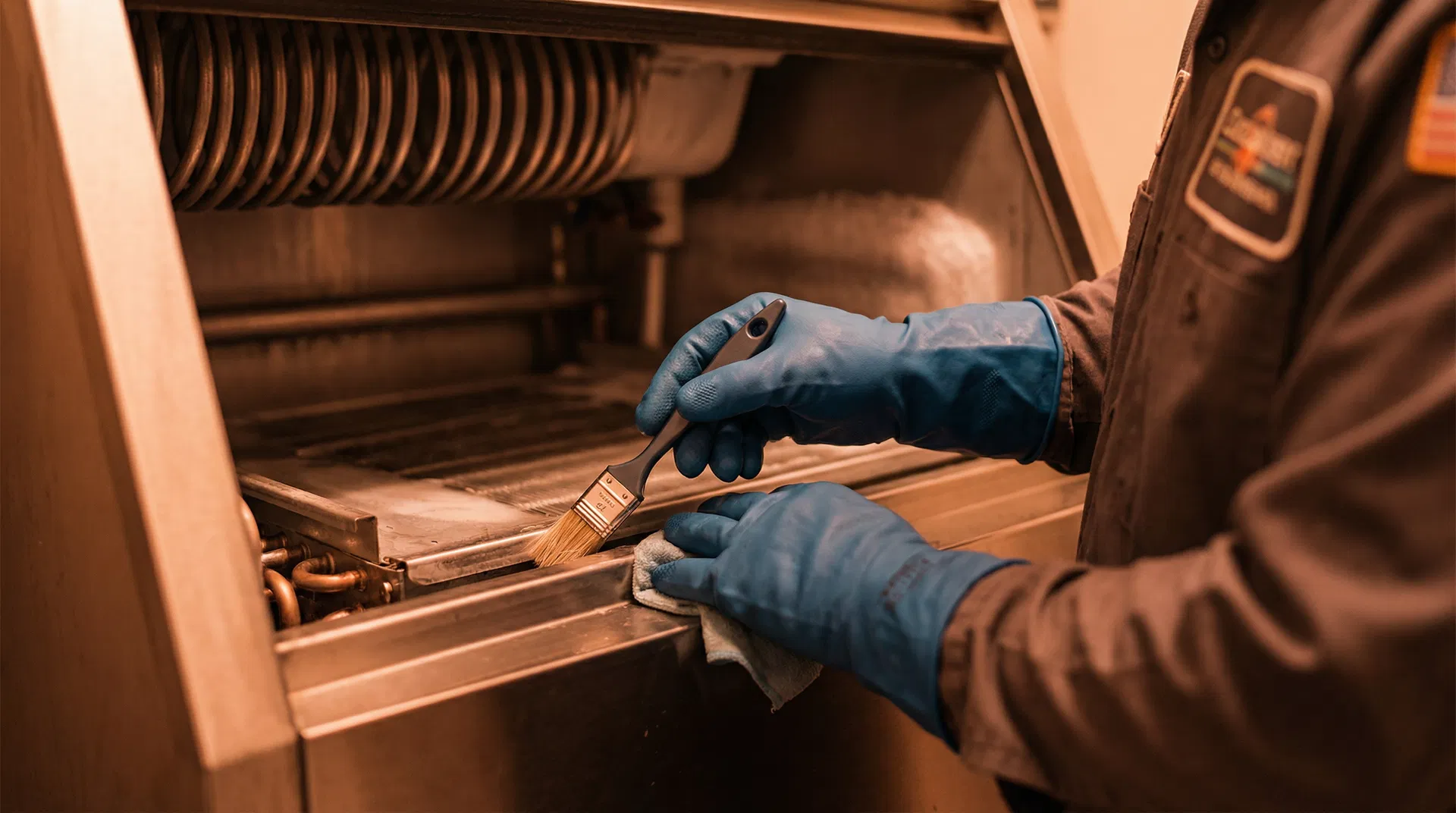 Professional technician deep cleaning a commercial ice machine in Maricopa County Arizona