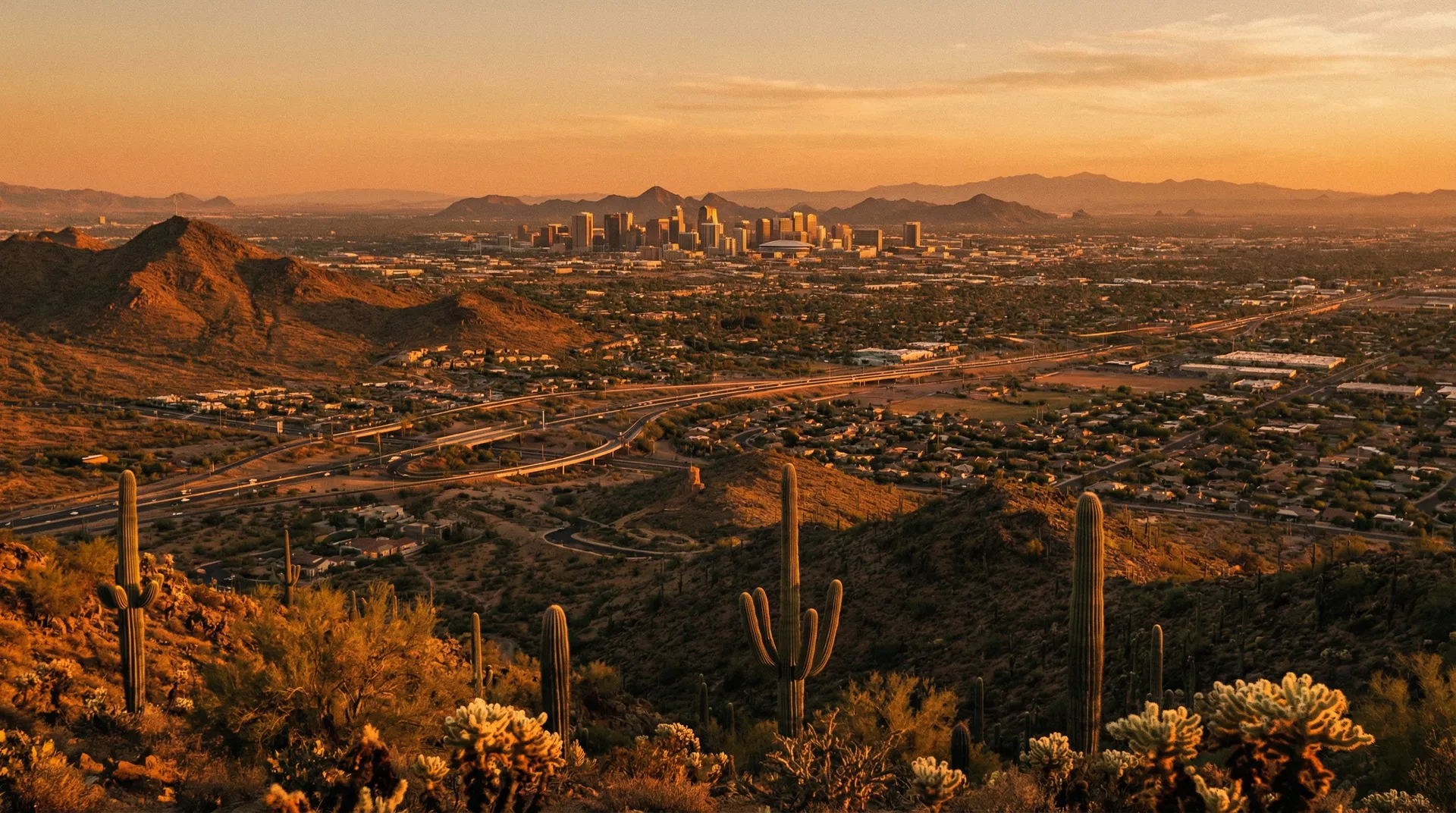 Aerial view of Maricopa County Arizona at sunset showing the Phoenix metropolitan area
