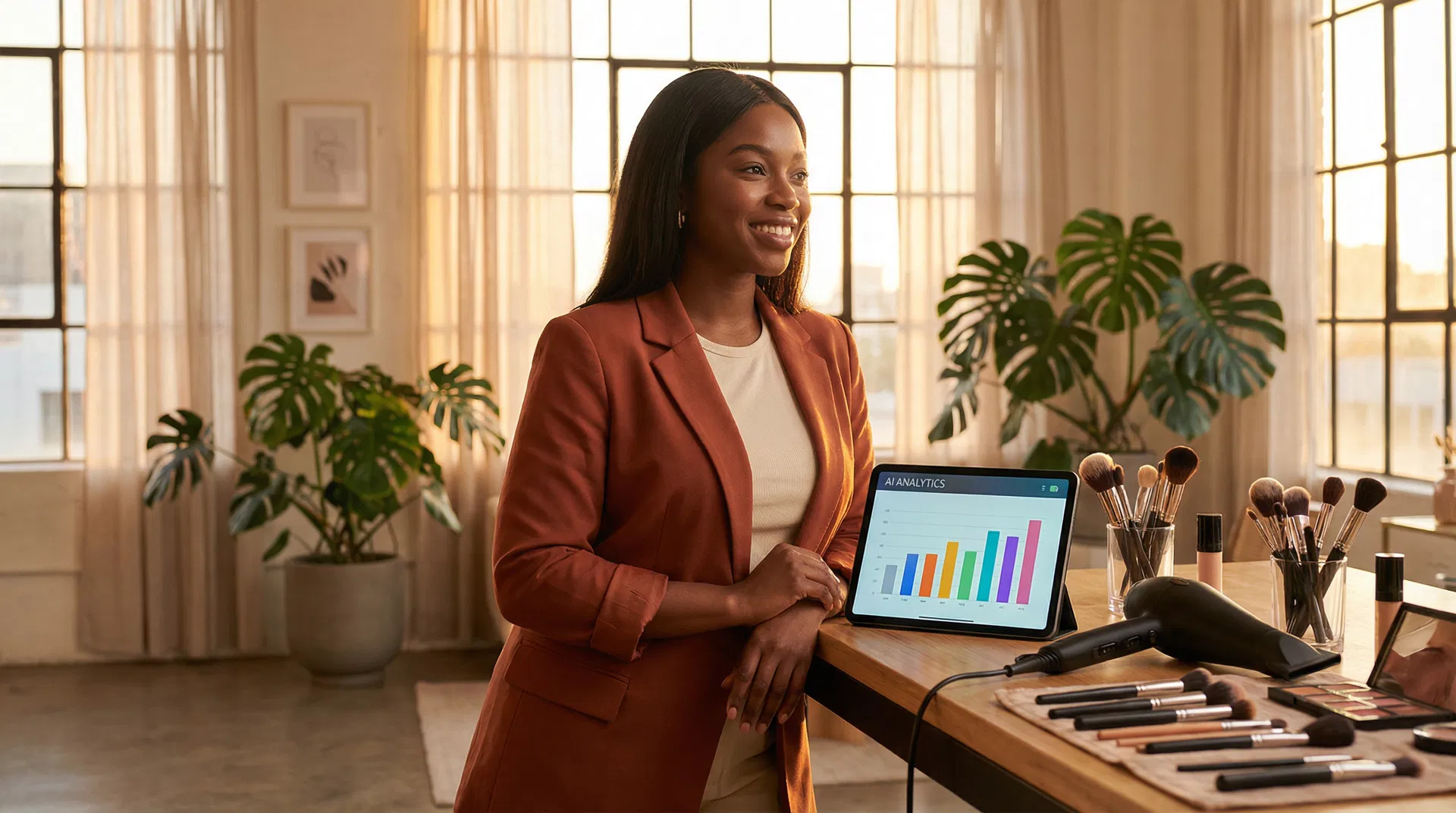 Beauty professional in modern studio with AI analytics