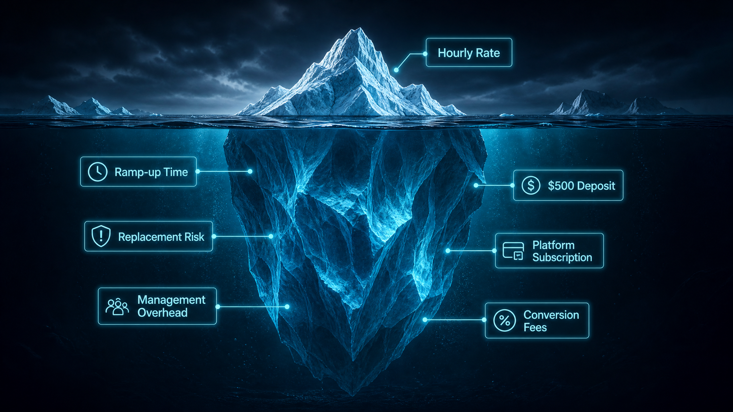 Toptal vs Arc.dev (2026): Honest TCO Comparison 4 The hidden cost iceberg of developer hiring: ramp-up time, replacement risk, deposits, and management overhead.