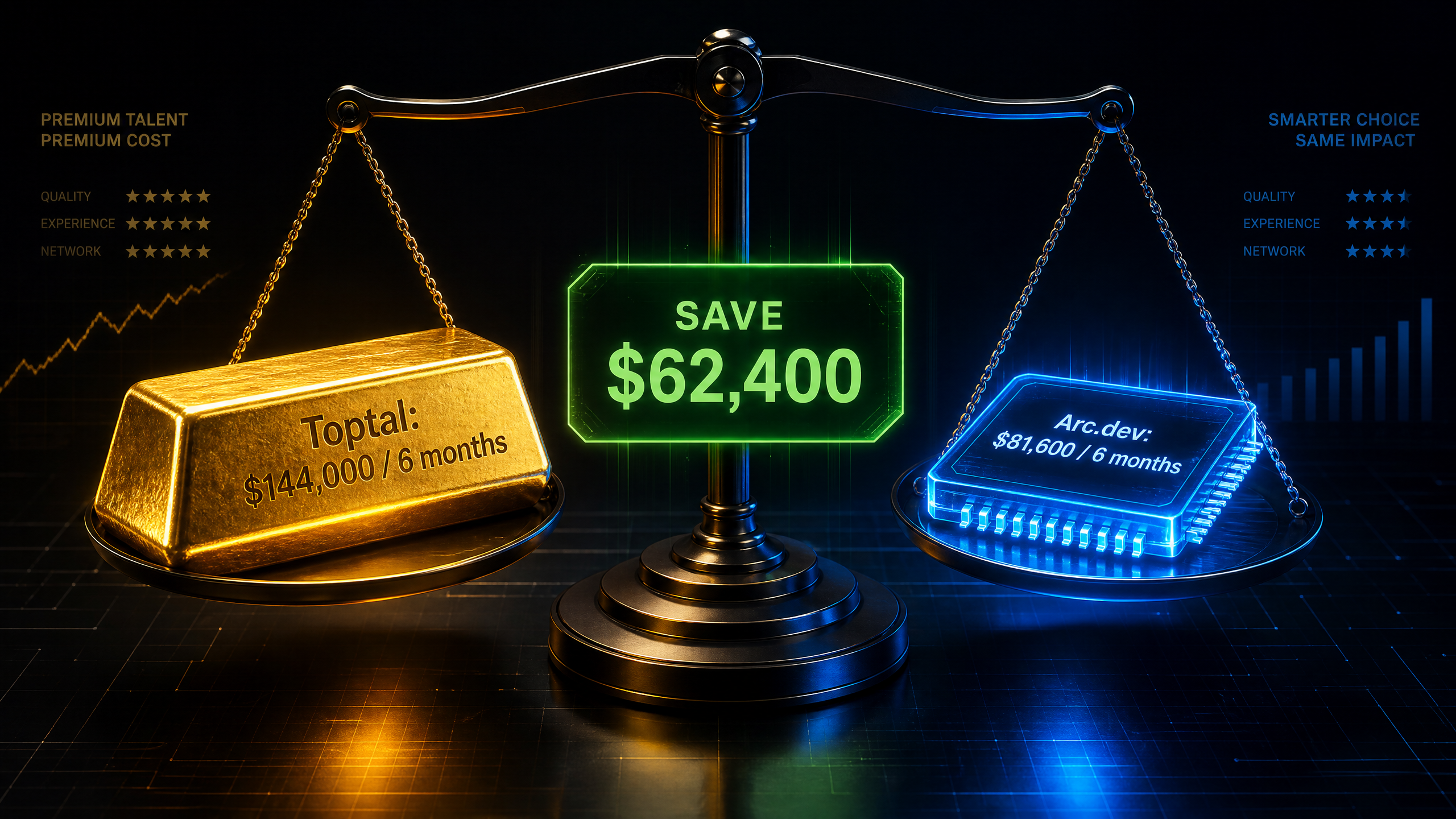 Toptal vs Arc.dev (2026): Honest TCO Comparison 5 Total Cost of Ownership comparison: Toptal $144,000 vs Arc.dev $81,600 over 6 months — save $62,400.