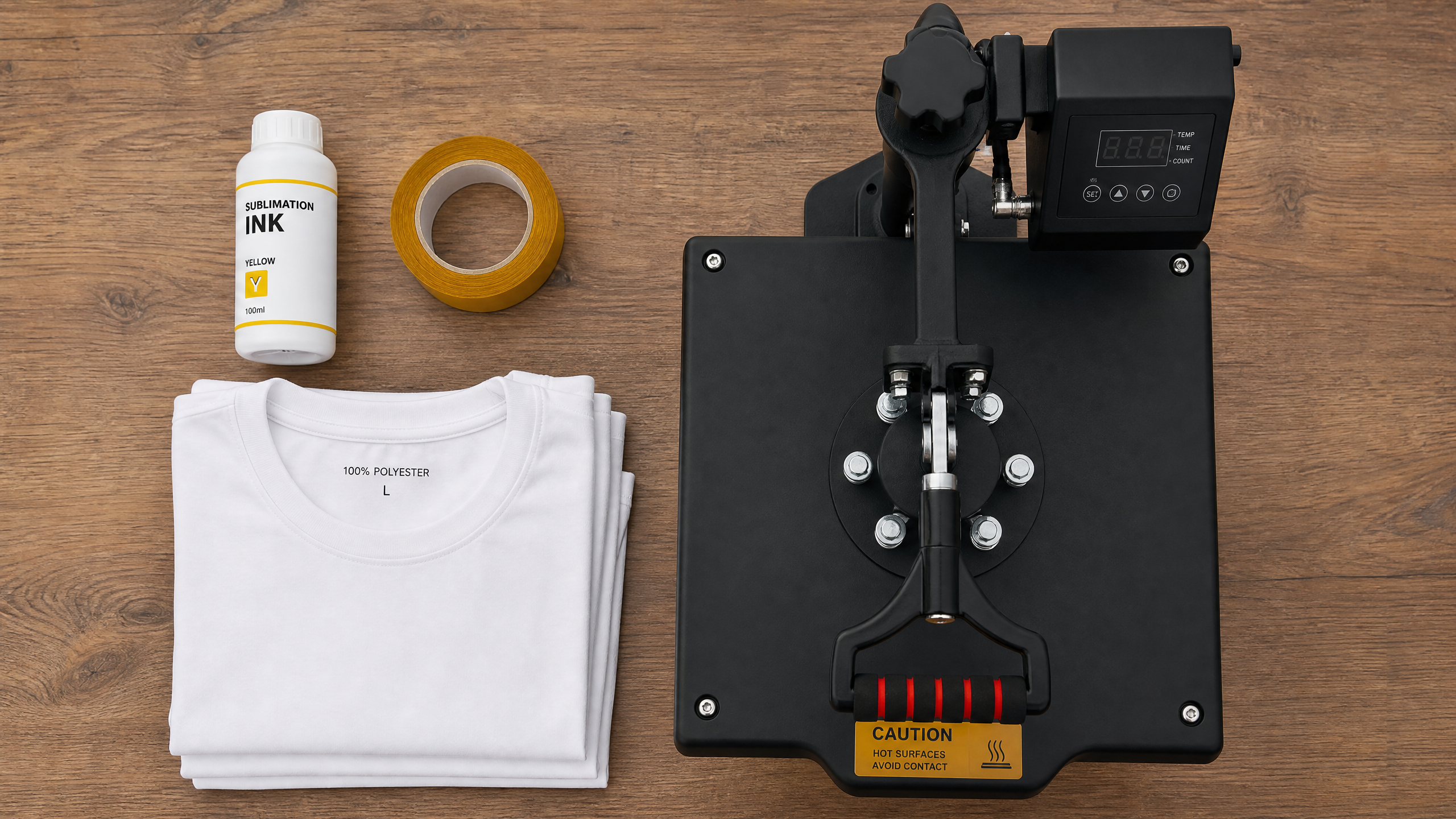 Sublimation for Beginners: Flat lay of essential sublimation supplies including heat tape, sublimation ink, and butcher paper.