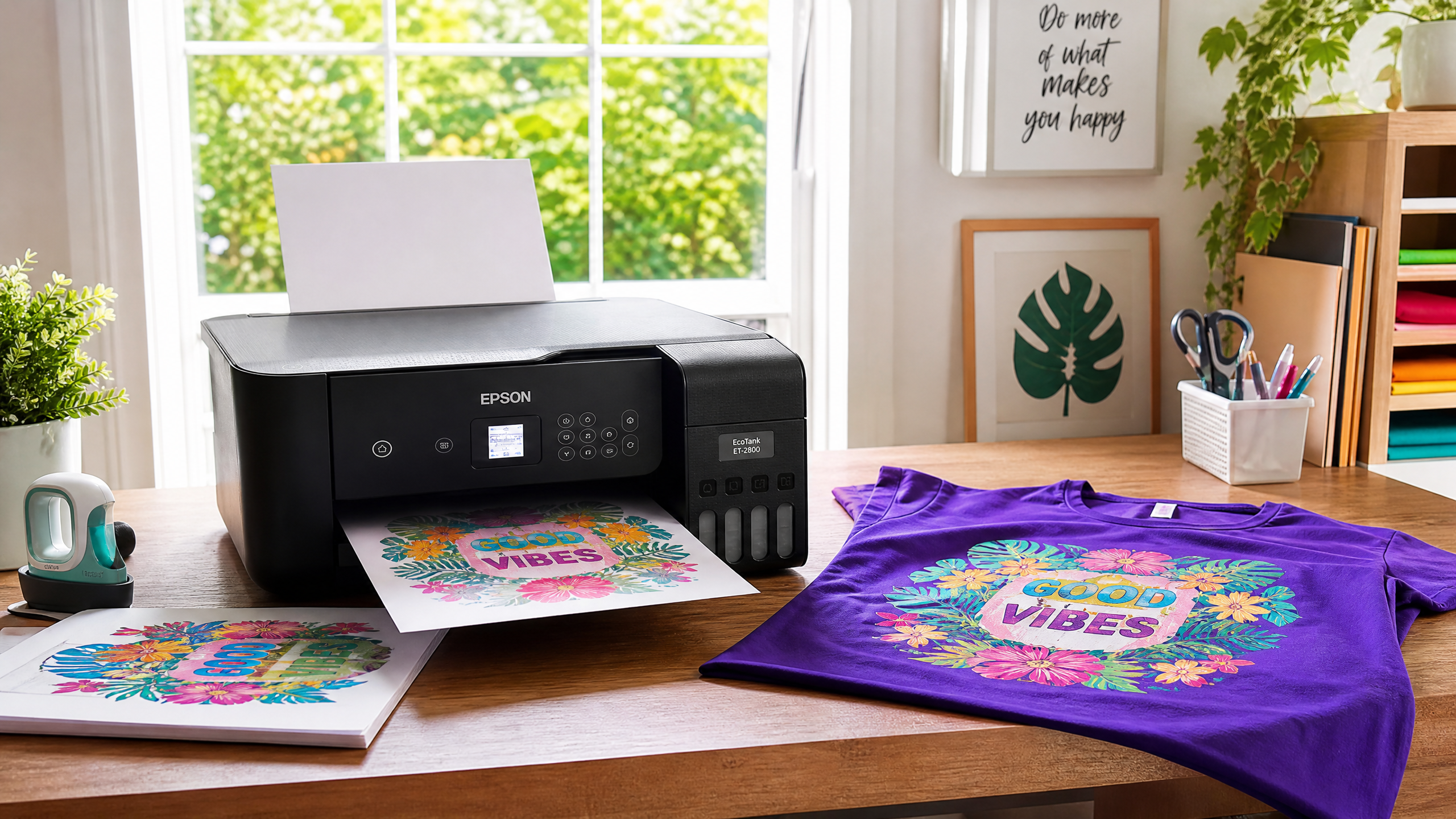 Sublimation for Beginners: Organized craft desk featuring an Epson EcoTank sublimation printer and a finished polyester t-shirt.