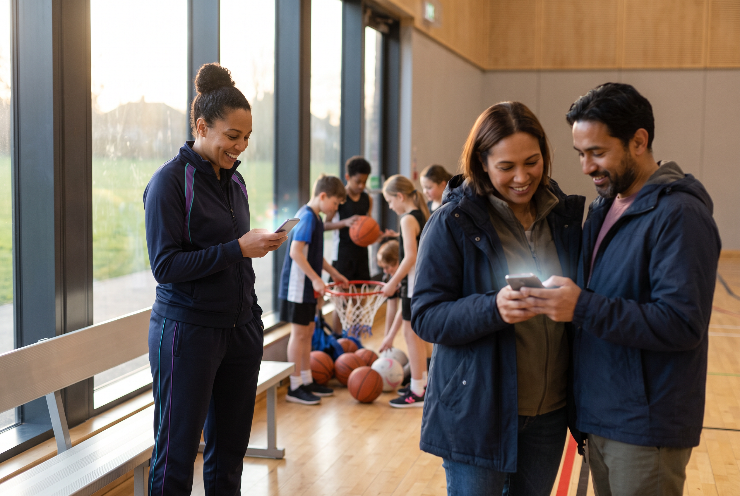 A youth coach and parents use phones at the end of an indoor community sport session.