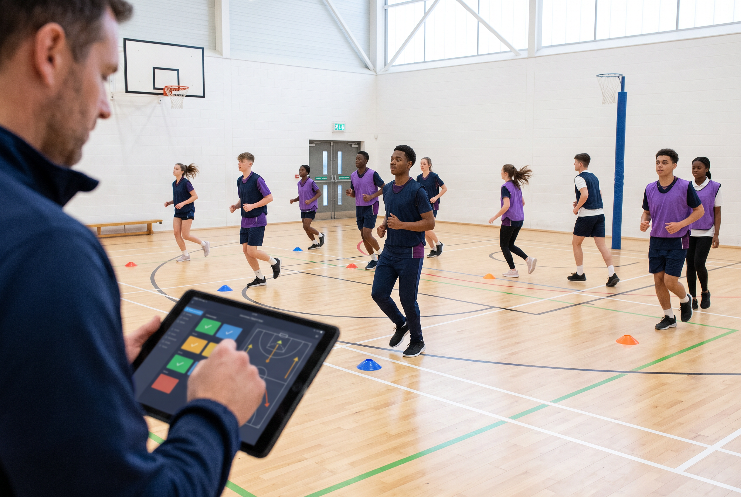 A coach checks a simple digital session plan while a youth squad warms up on an indoor court.
