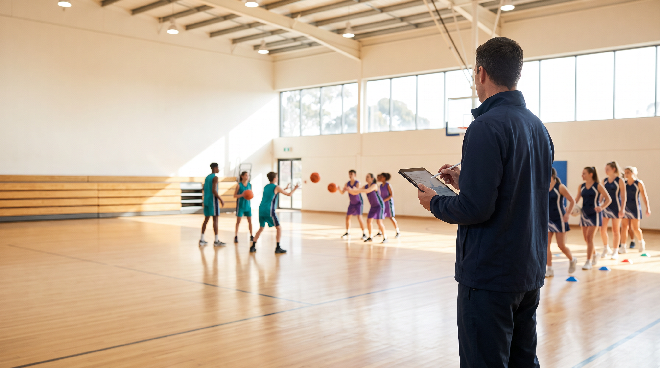A youth basketball and netball coach uses a tablet while overseeing an indoor training session.