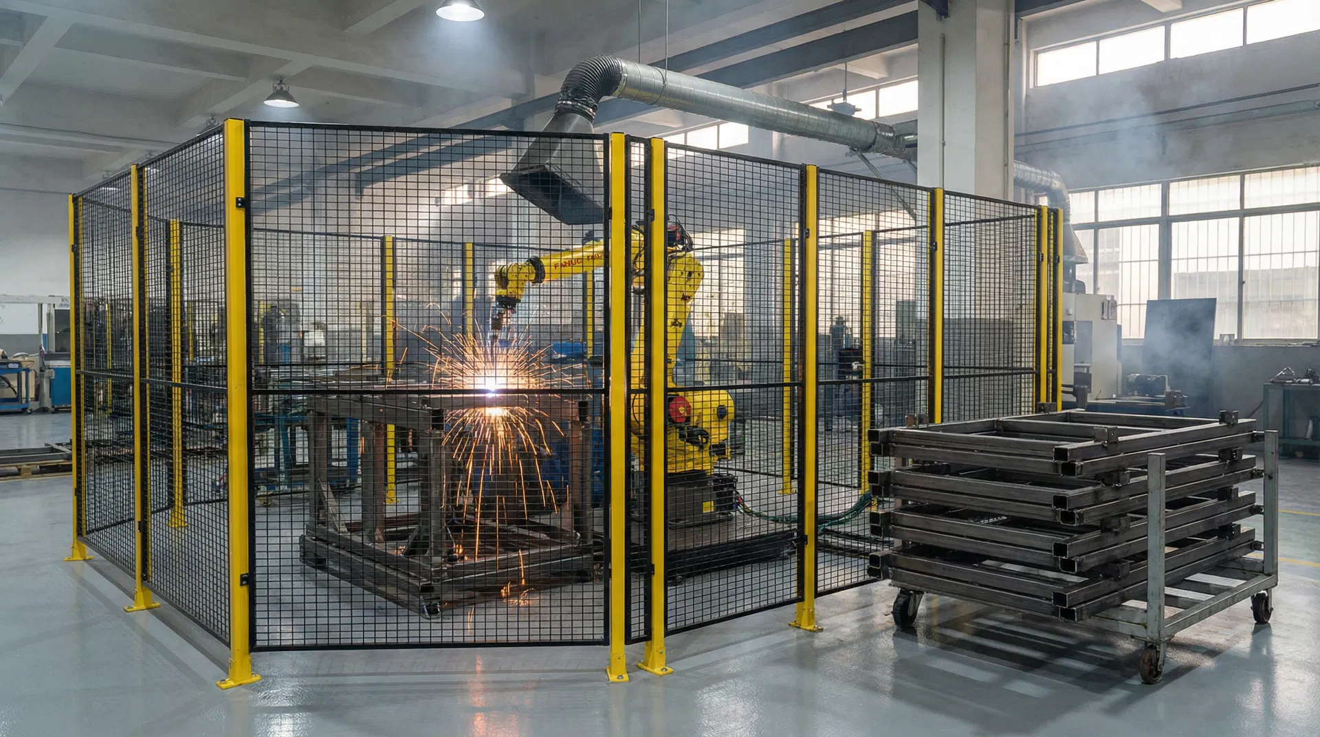 Robotic welding cell with two industrial robots performing precision welding