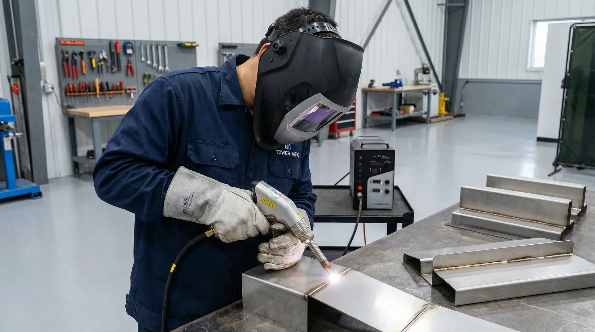 Chinese worker using handheld fiber laser welding gun to weld stainless steel parts