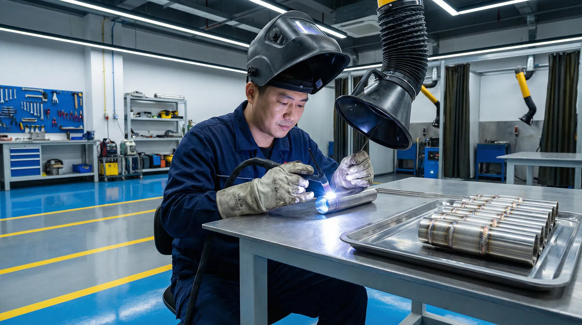 Skilled welder performing manual TIG welding on stainless steel component with fish-scale weld seams