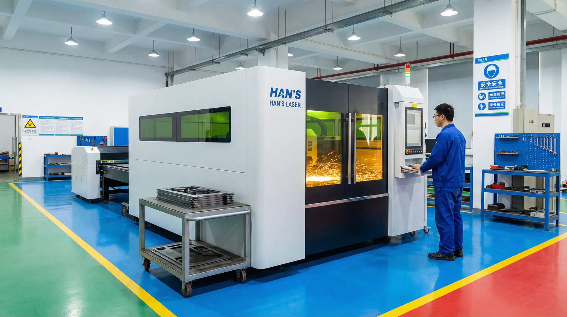 Fully enclosed fiber laser cutting machine with safety viewing window in modern factory