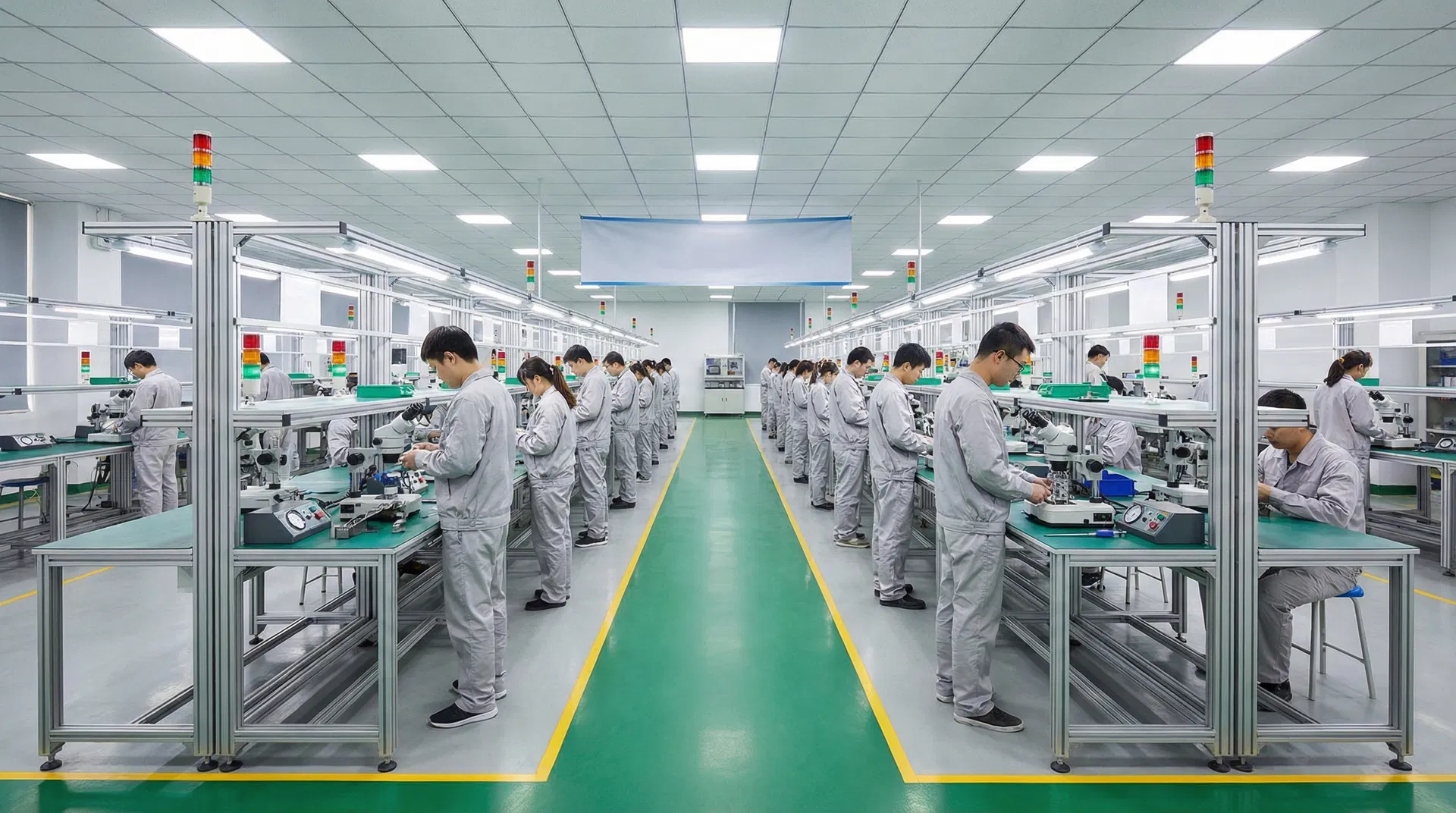 Product assembly line in China with workers at organized workstations