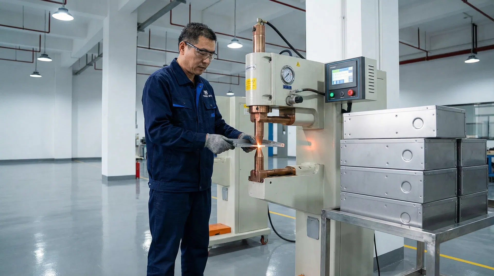 Industrial spot welding machine actively welding sheet metal parts with sparks