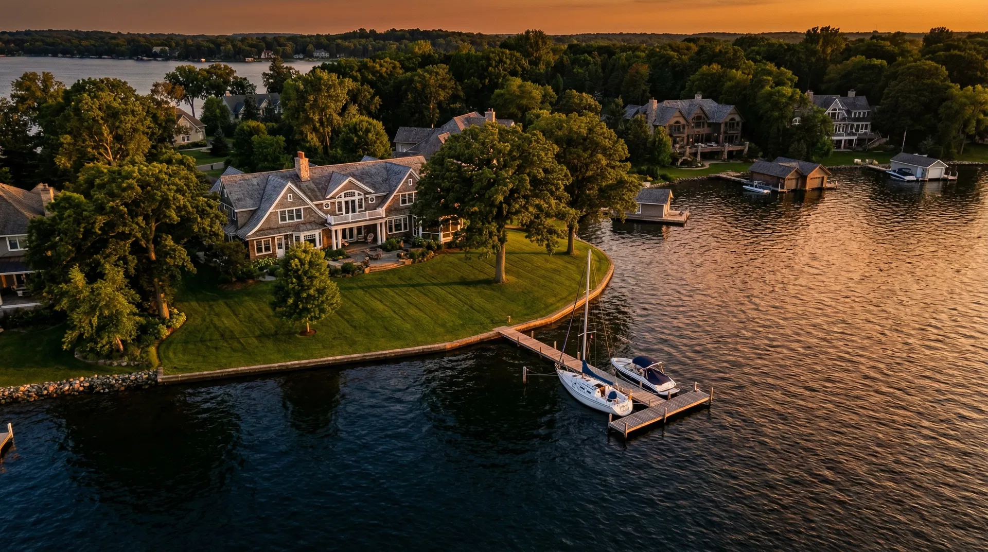 Lake Minnetonka lakefront estate at golden hour