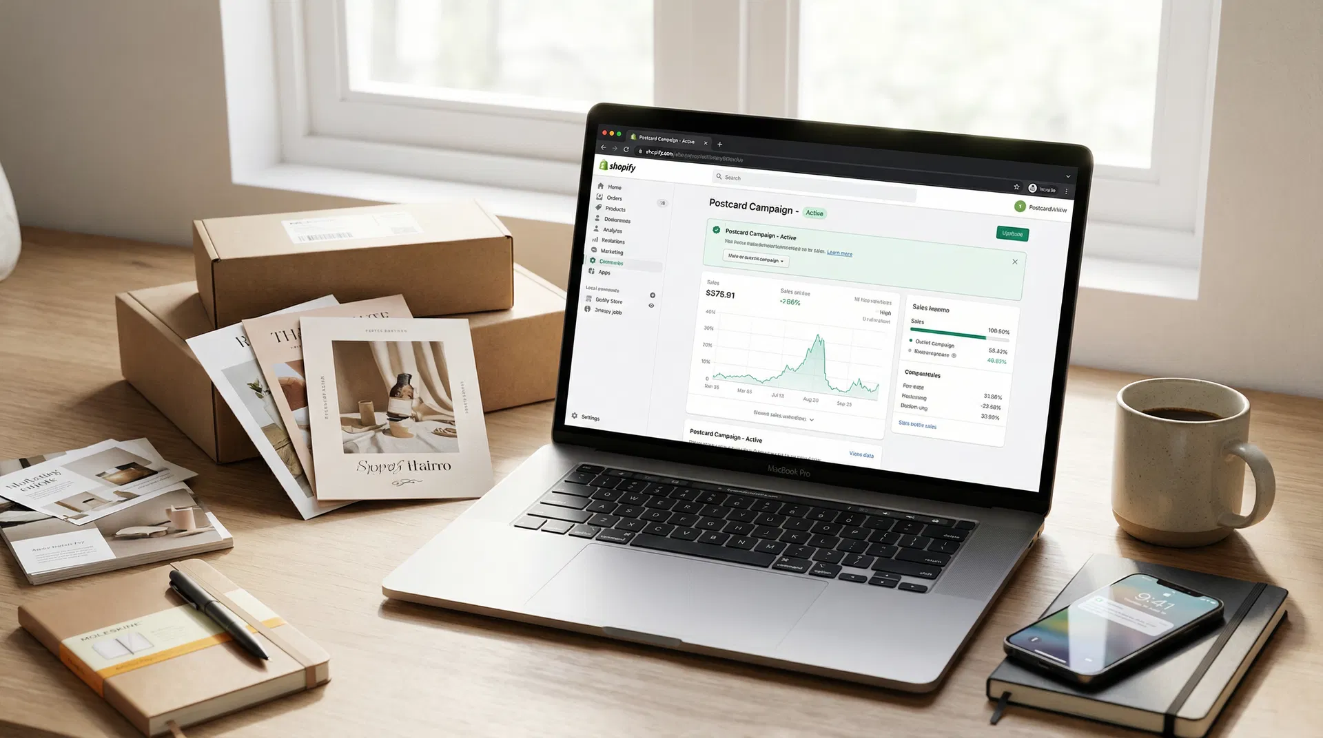 Shopify dashboard with postcard campaign analytics and product postcards