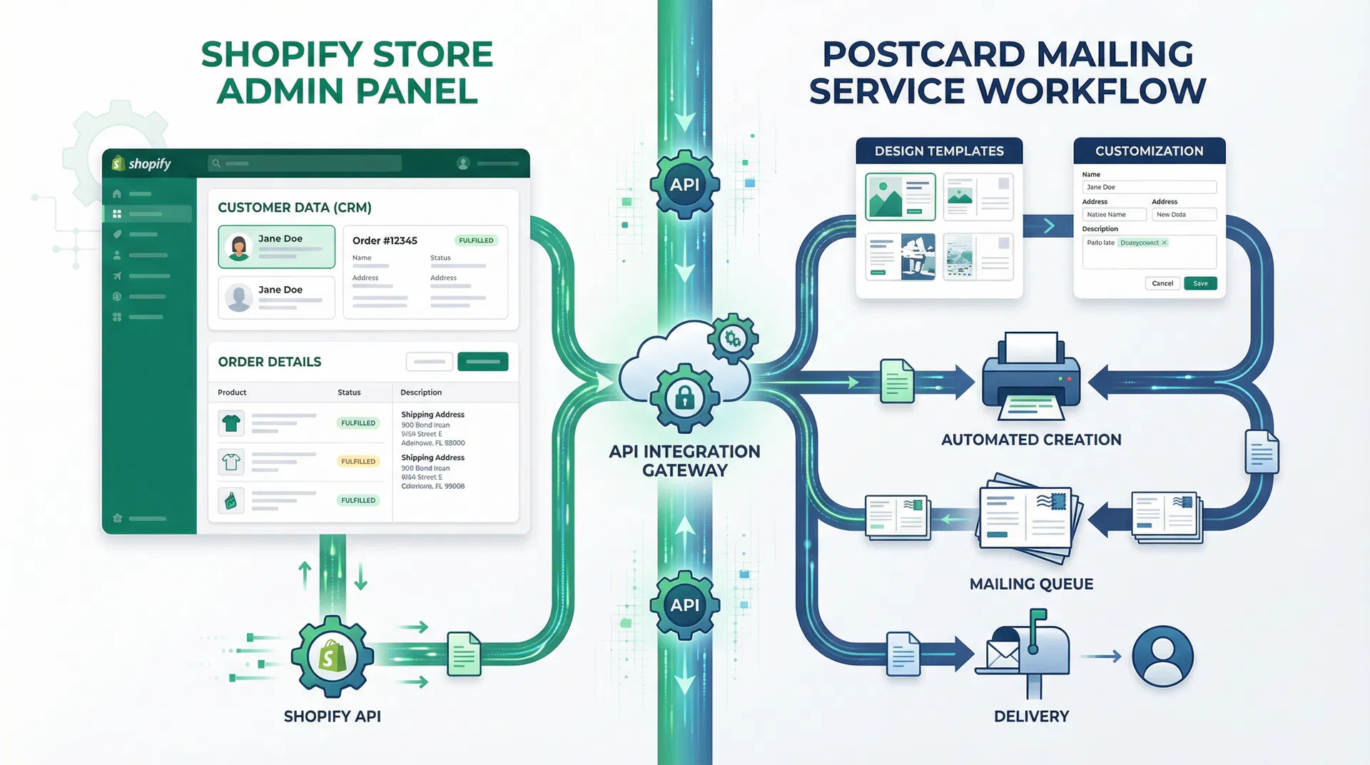 Shopify store admin panel connecting to postcard mailing service through API integration