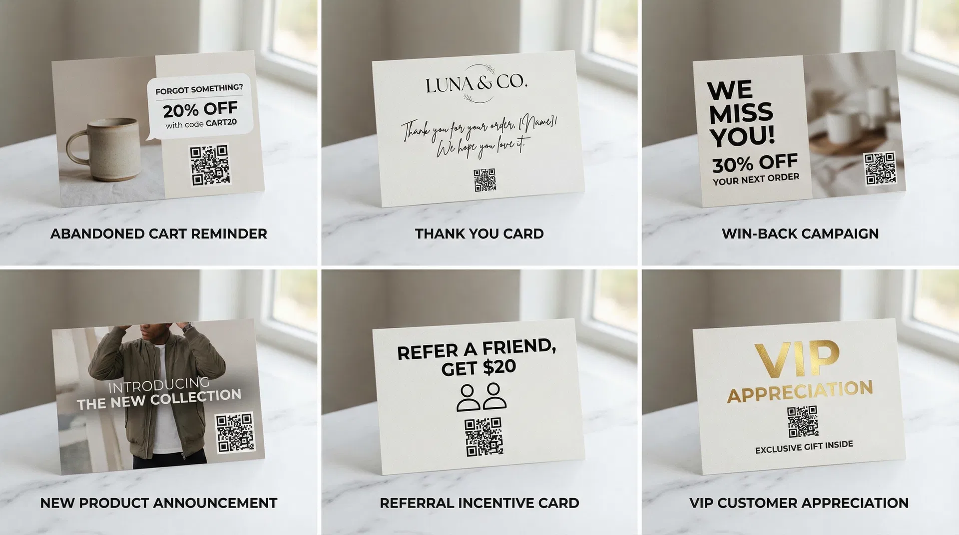 Collection of high-converting Shopify postcard design examples showing various campaign types