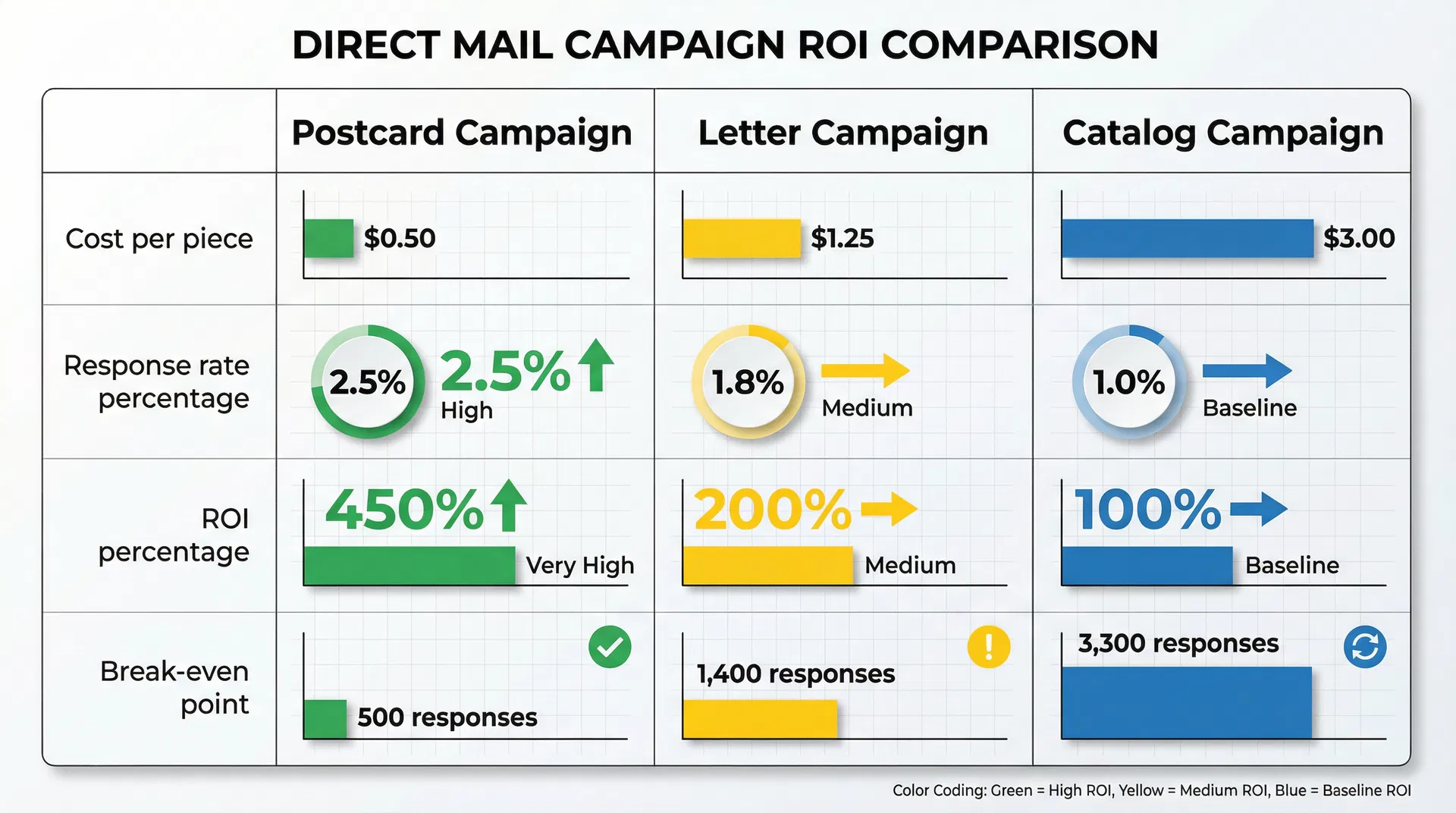 ROI comparison across postcard, letter, and catalog campaigns