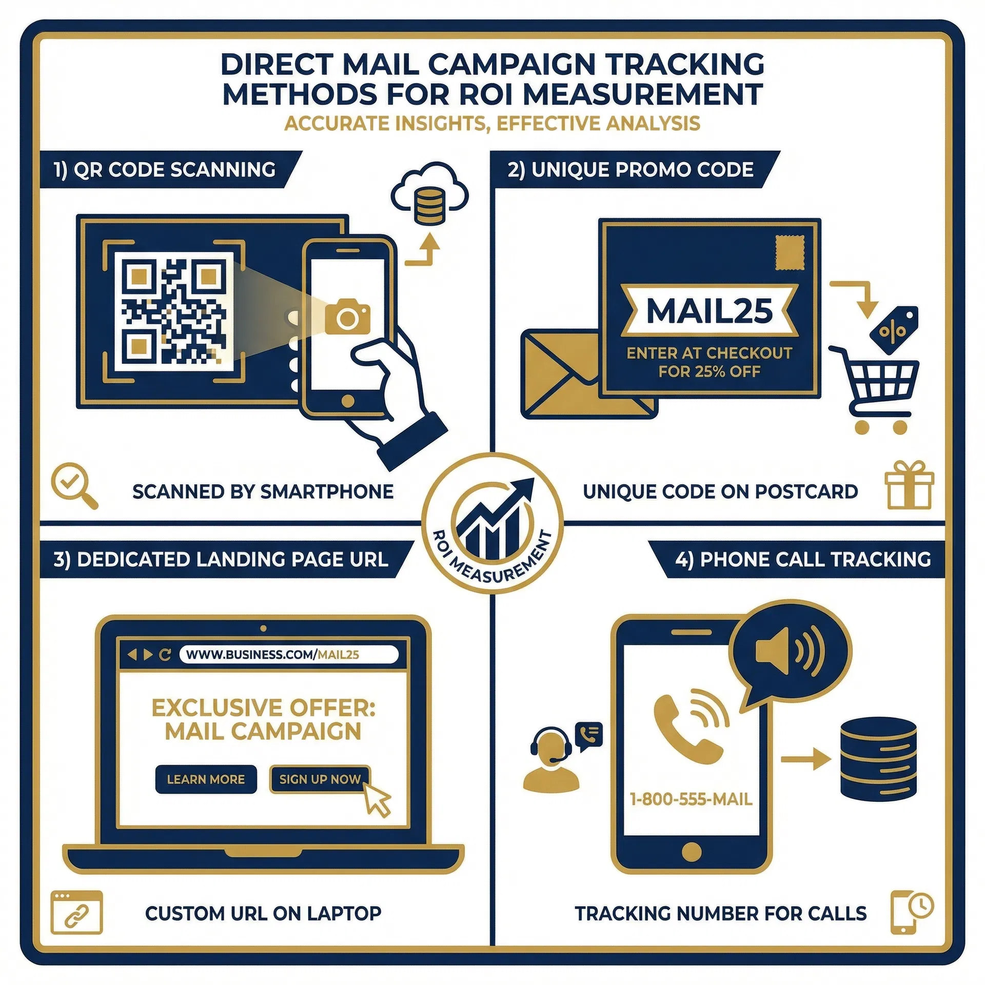 Direct mail tracking methods: QR codes, promo codes, landing pages, call tracking