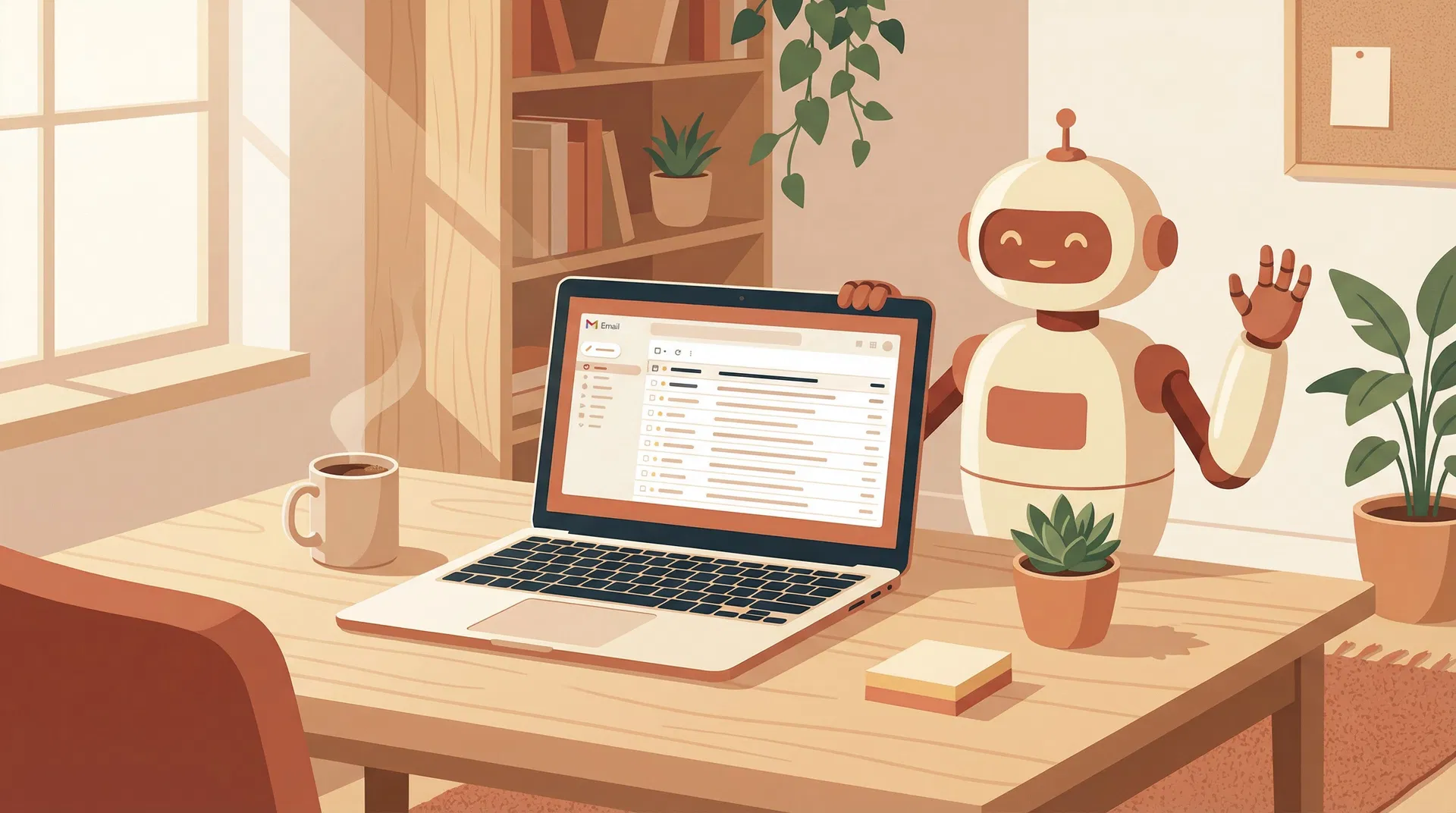 Friendly robot assistant at a desk