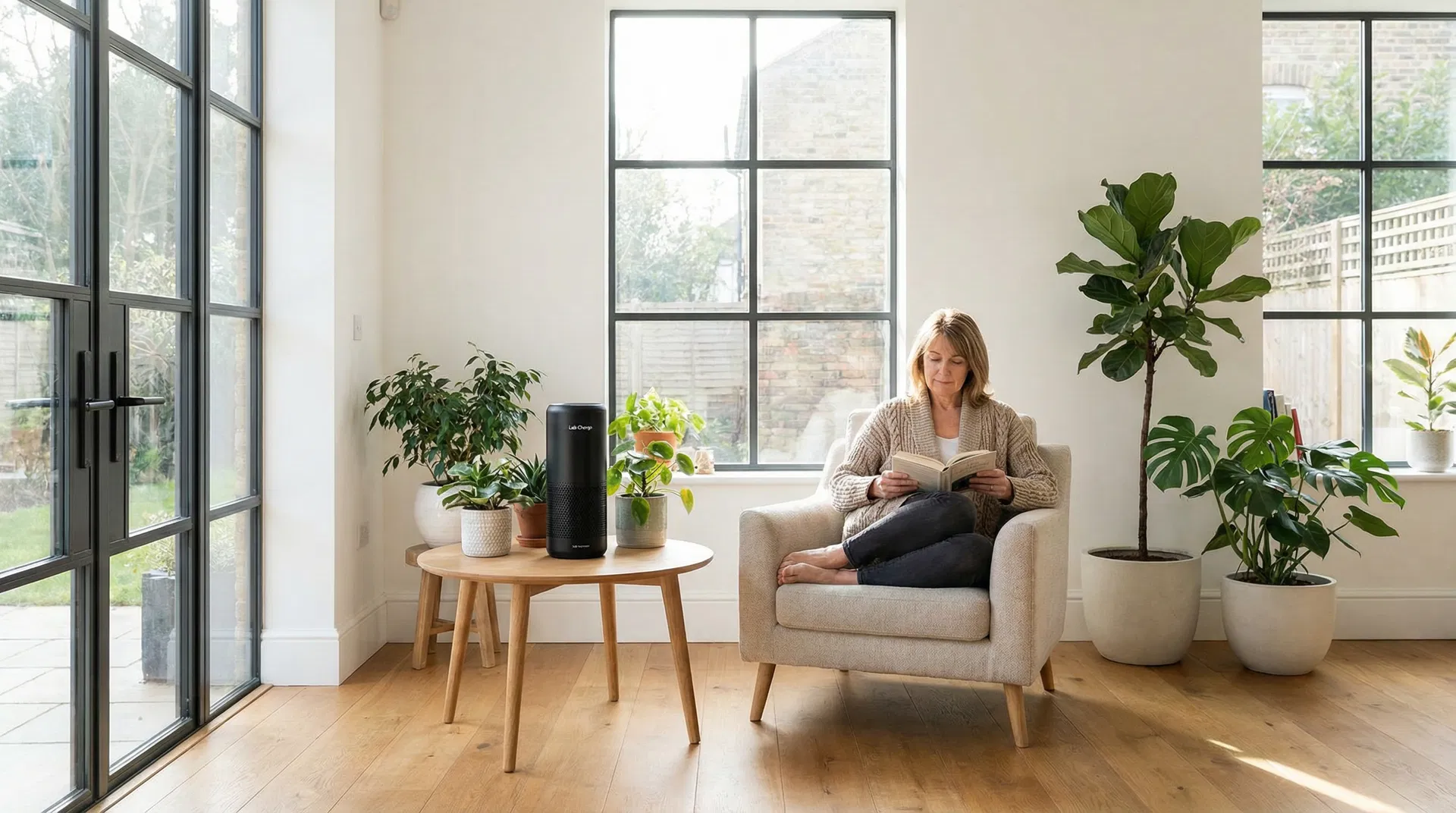 Woman reading peacefully in bright living room with Lab Charge air purifier