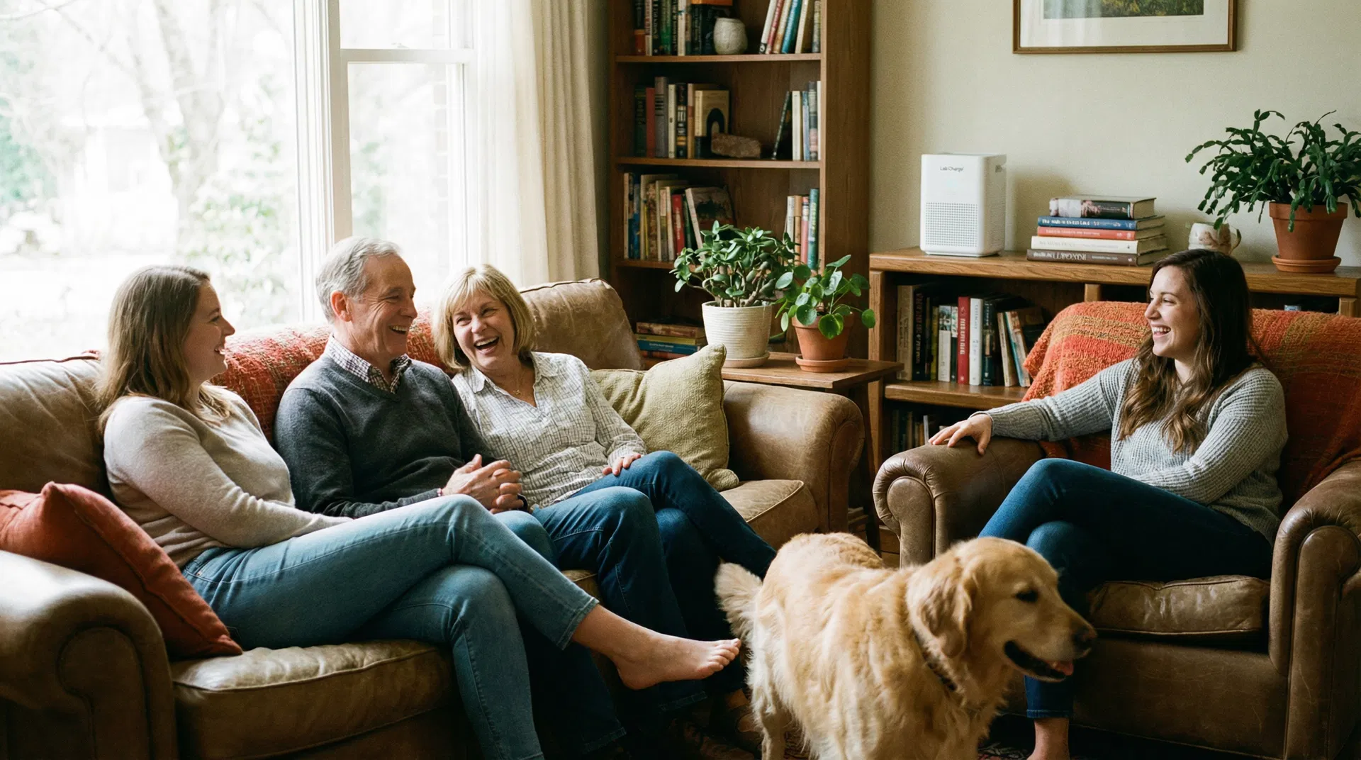 Happy family with air purifier in background