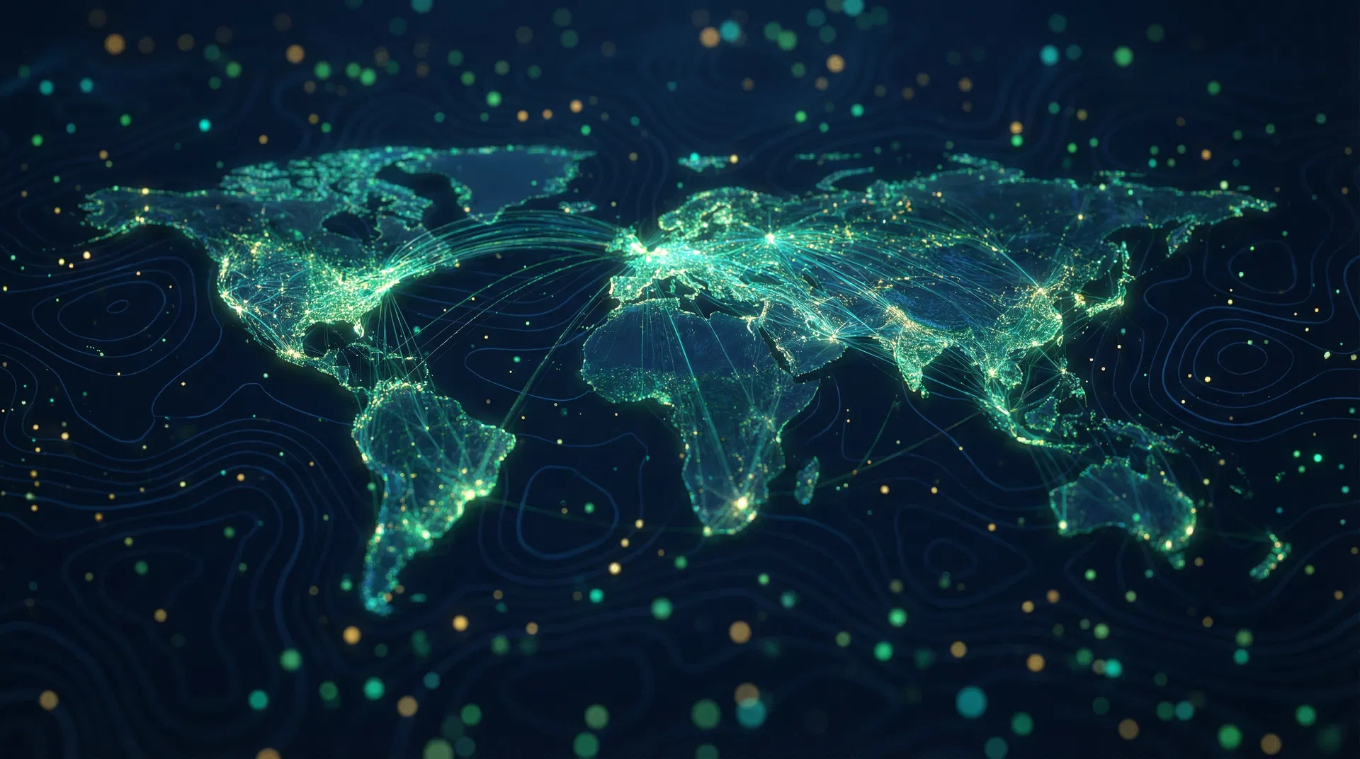Abstract digital world map with glowing network connections