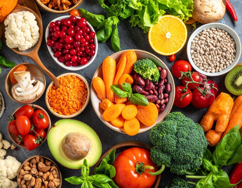 A vibrant collage of colourful, nutrient-rich foods including fruits, vegetables, nuts, and legumes.