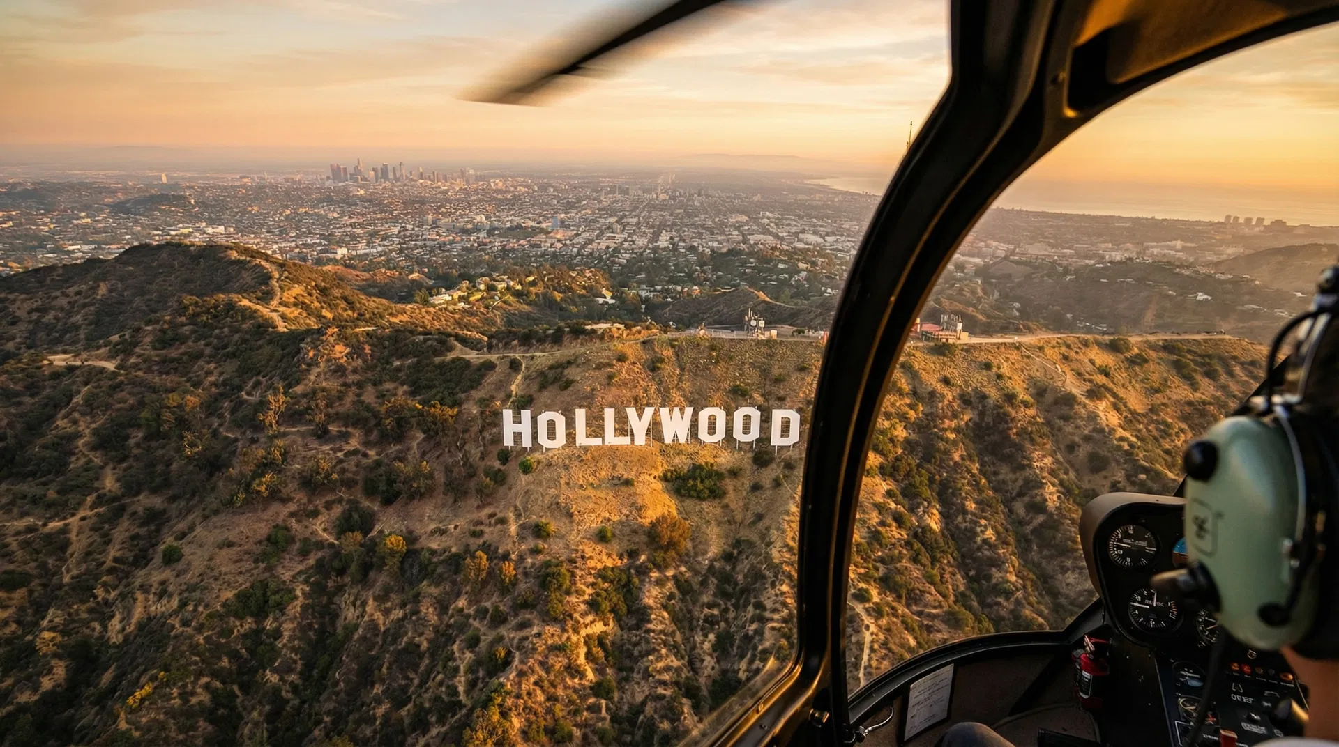 Hollywood Sign helicopter tour over Los Angeles — aerial view of the Hollywood Hills and Griffith Observatory