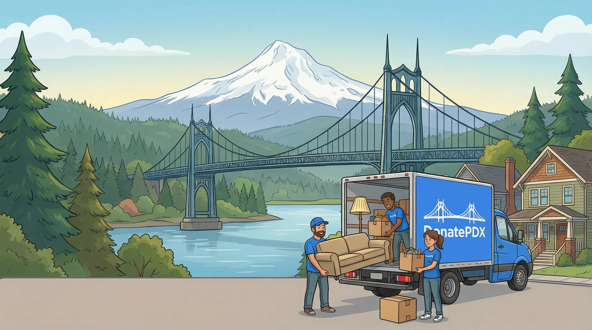 Portland scenery with St. Johns Bridge, Mt. Hood, and DonatePDX truck with workers loading furniture
