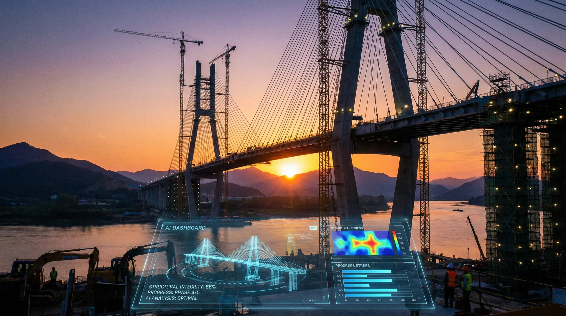 Ponte estaiada em construção com dashboard de IA