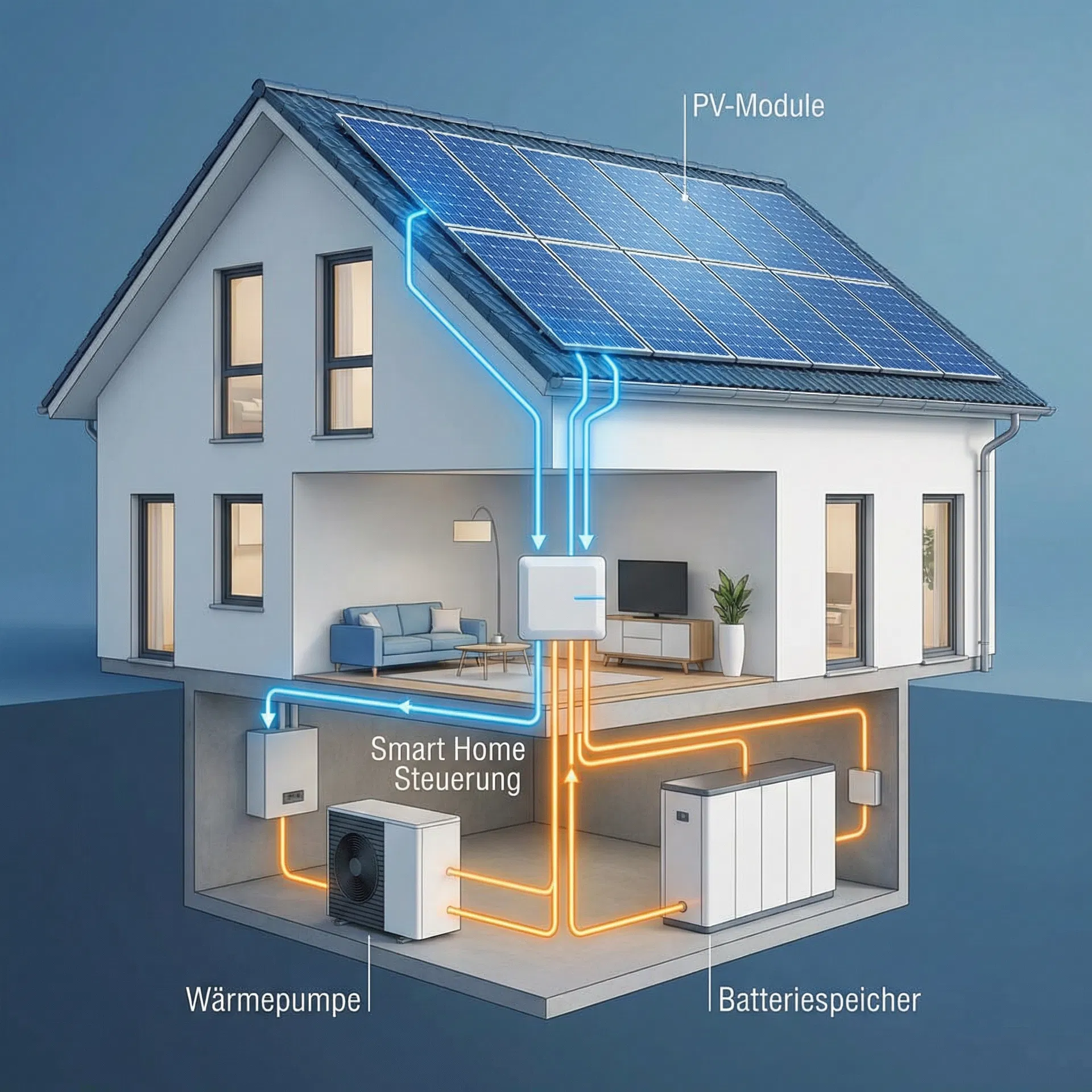 Integriertes Energiesystem mit PV-Modulen, Speicher und Wärmepumpe