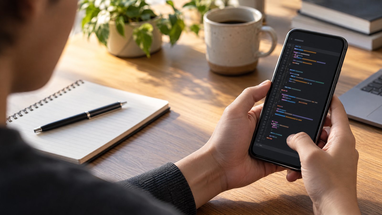 Beginner practicing Python code on a smartphone beside a notebook