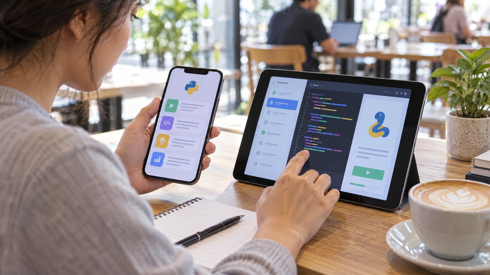Student using a phone and tablet to practice Python coding lessons
